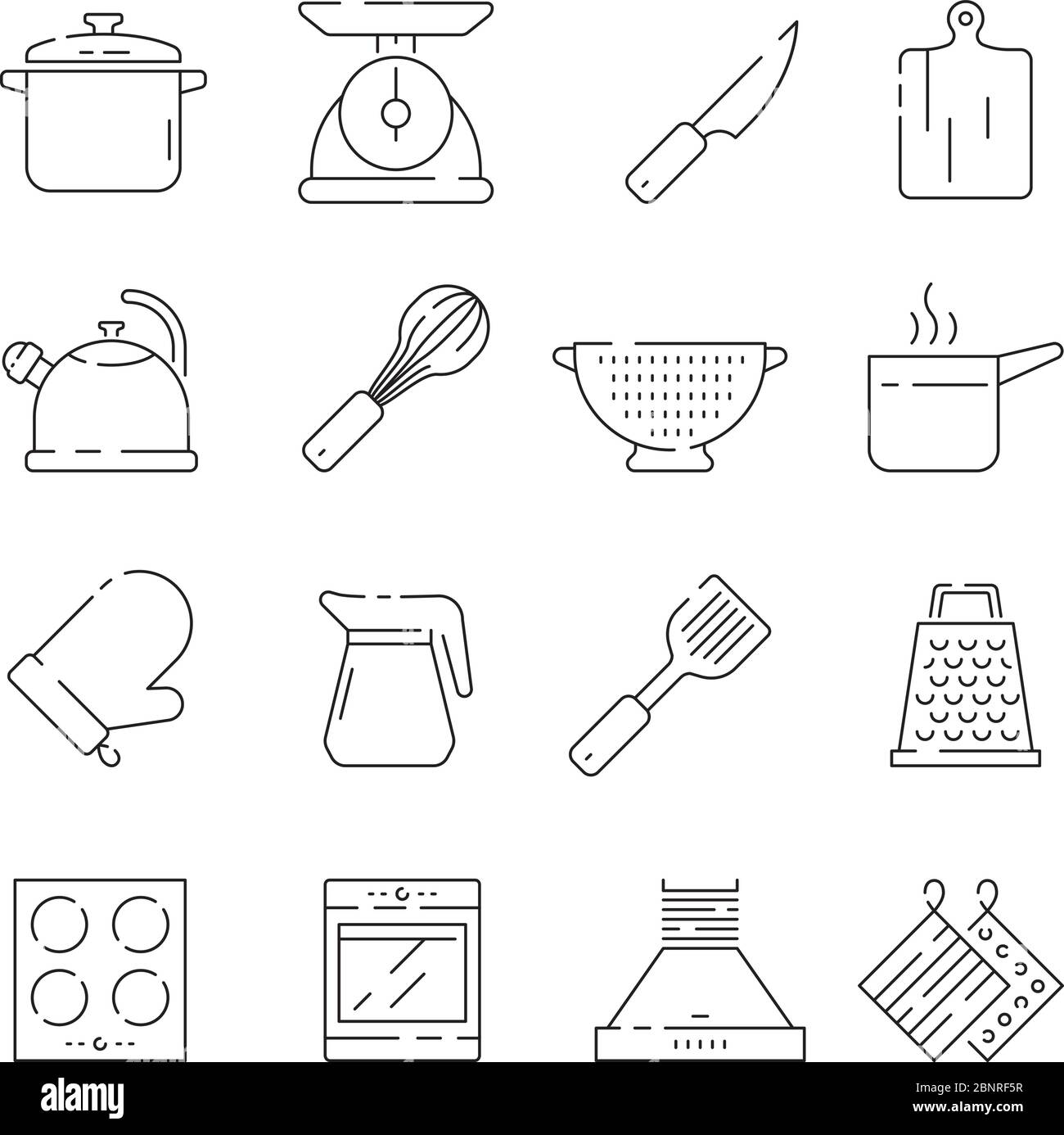 Symbol für Kochartikel. Küchengeräte Schaufel Pfanne Löffel und Gabeln Platten elektronischen Maßstab Vektor einfach dünne Symbole Stock Vektor