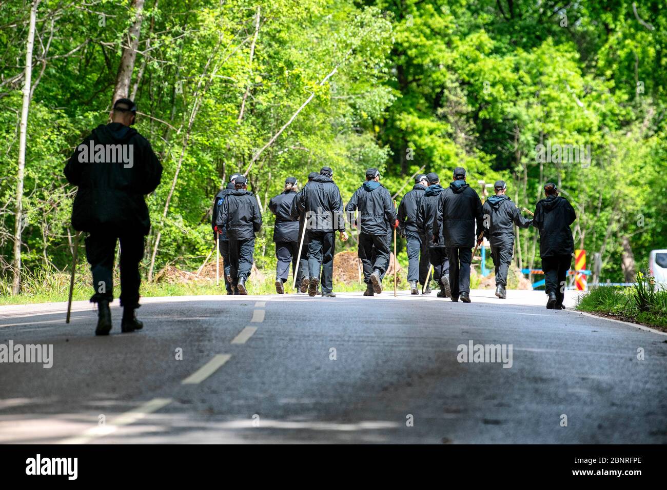 Ein Polizeisuchteam durchsucht den Wald neben dem Stowfield Quarry bei Coleford im Forest of Dean, nachdem der Körper einer Frau entdeckt wurde. Stockfoto