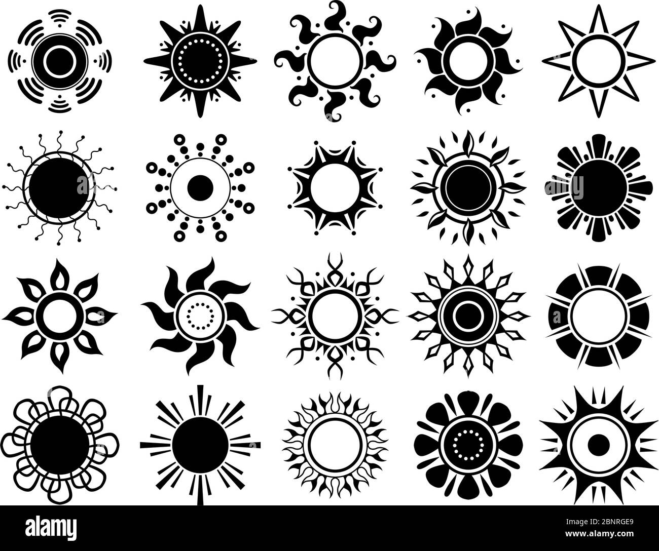 Symbol „Sonnensilhouetten“. Wetter Sommer heißer Sonnenschein schwarz Grafik Symbole Vektor isoliert Stock Vektor