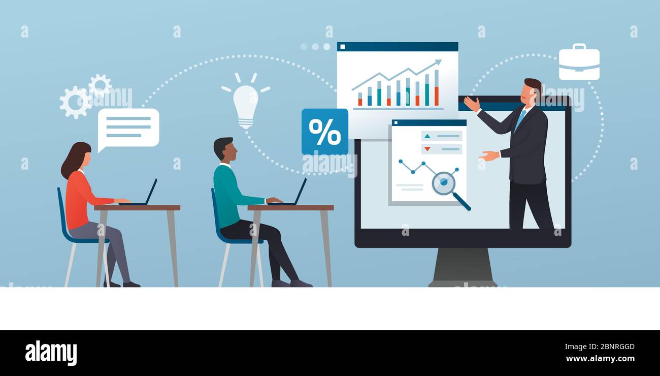 Business Management Online-Kurse und Beratung: Corporate Geschäftsmann mit seinen akademischen Studenten online verbinden und Analyse von Finanzdiagrammen Stock Vektor