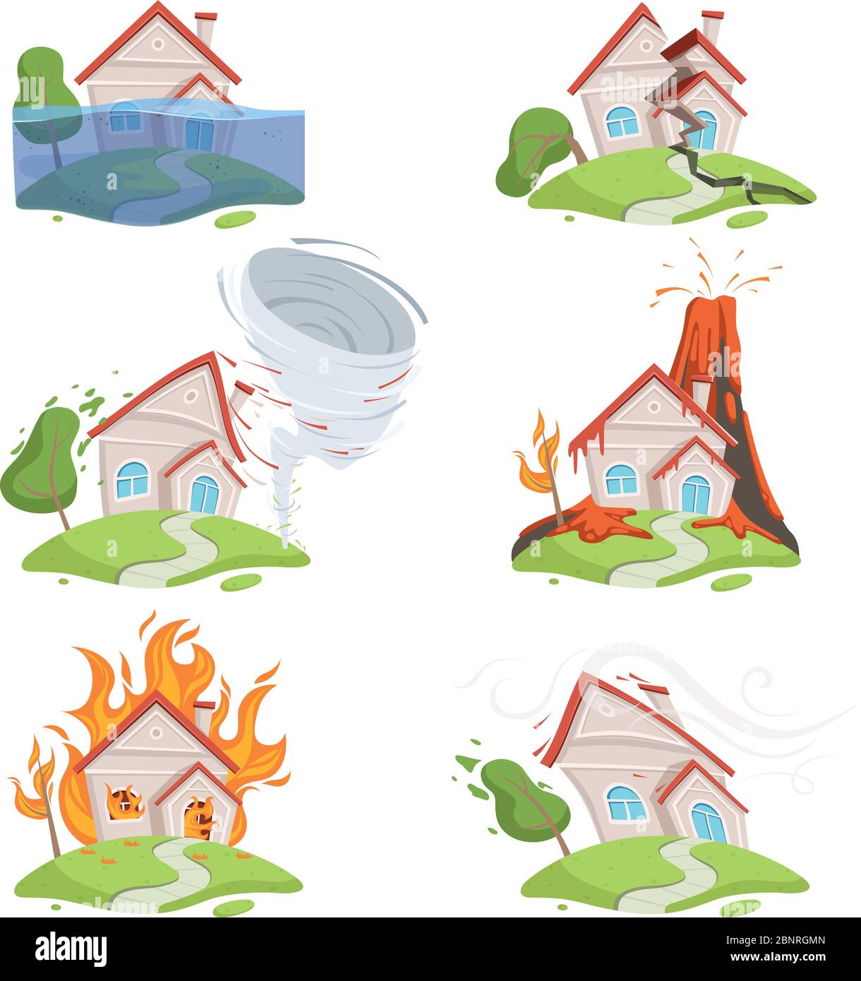 Naturkatastrophe. Berg Eis Tsunami Vulkan Lava Wasser Twister Zerstörung Vektor Cartoon Szene Stock Vektor