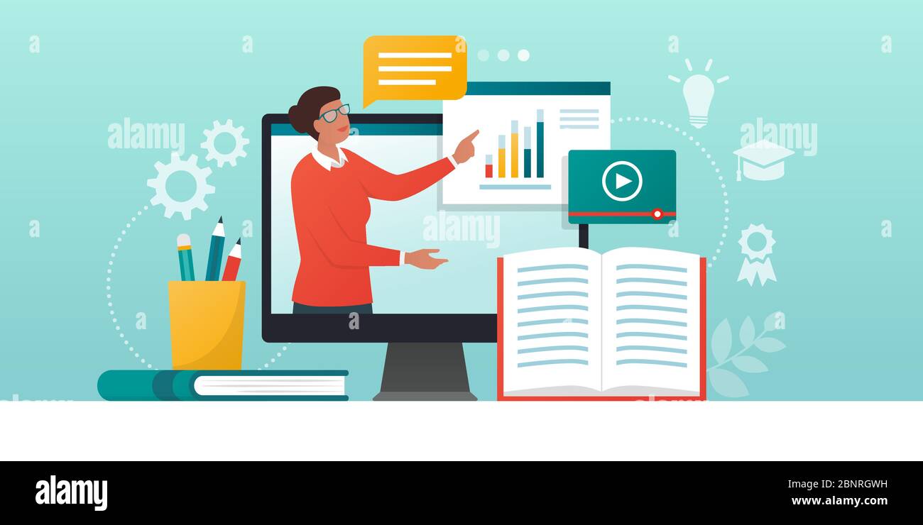 E-Learning-Plattform und Fernstudium: professorin vernetzt online und streamt ihren Videokurs auf eine Website-Plattform Stock Vektor
