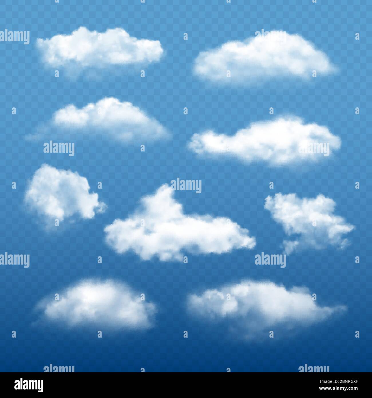 Wolkiger Himmel realistisch. Schöne weiße Wolken Kondensation Sammlung Vektor Wetter Elemente Stock Vektor