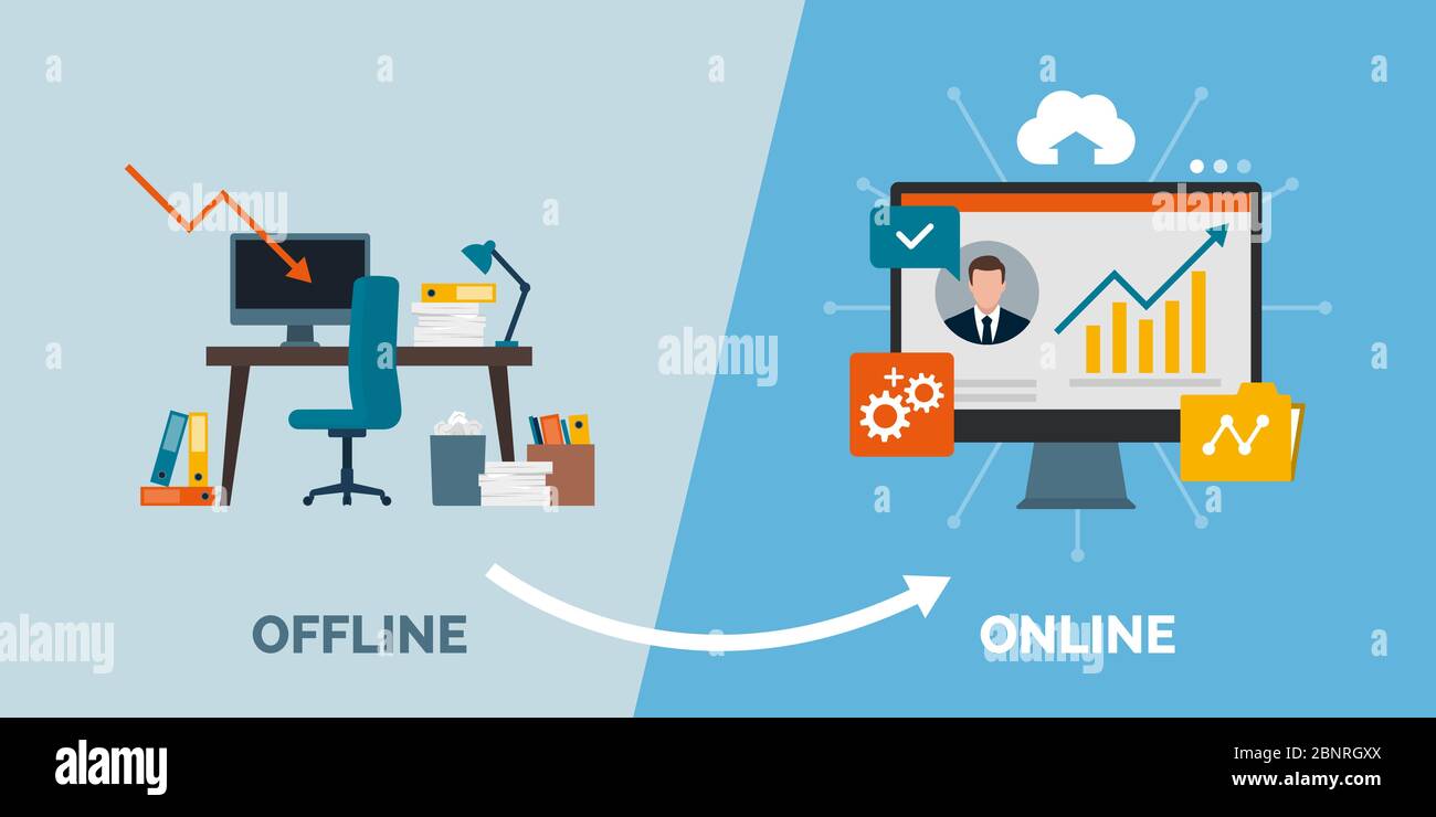 Offline zu Online-Geschäftserfolg: Nutzen Sie innovative digitale Tools, um Ihre Arbeit zu verbessern, traditionelle Büro-Desktop-Wechsel zu einem Computer-Desktop Stock Vektor