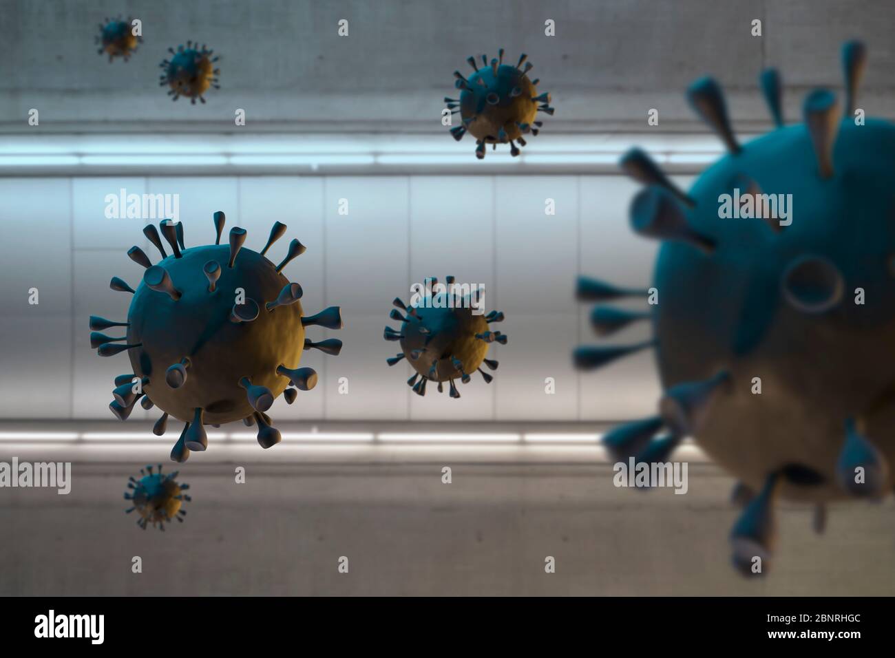 Corona Viren vor einem dunklen architektonischen Hintergrund Stockfoto