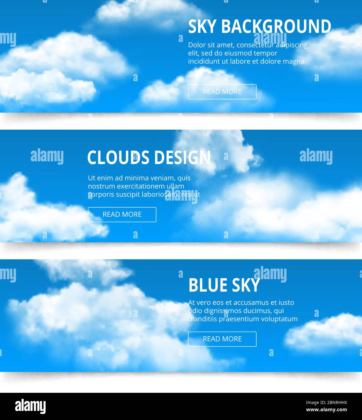 Wolkiger Himmel Banner. Realistische Wolken Wetter Kondensation blau Nachmittag Vektor Vorlage mit Platz für Ihren Text Stock Vektor