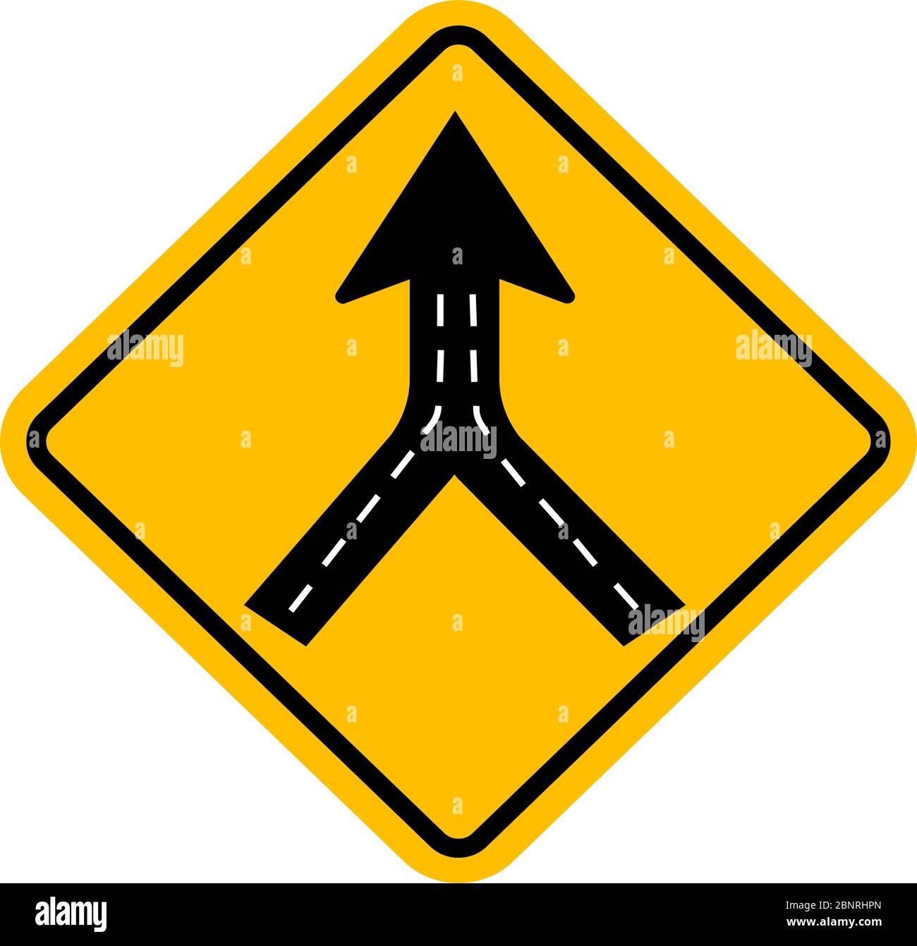 Warnschild zwei Weg Straße zusammenführen. Verkehrssymbol. Gelber Hintergrund. Stock Vektor