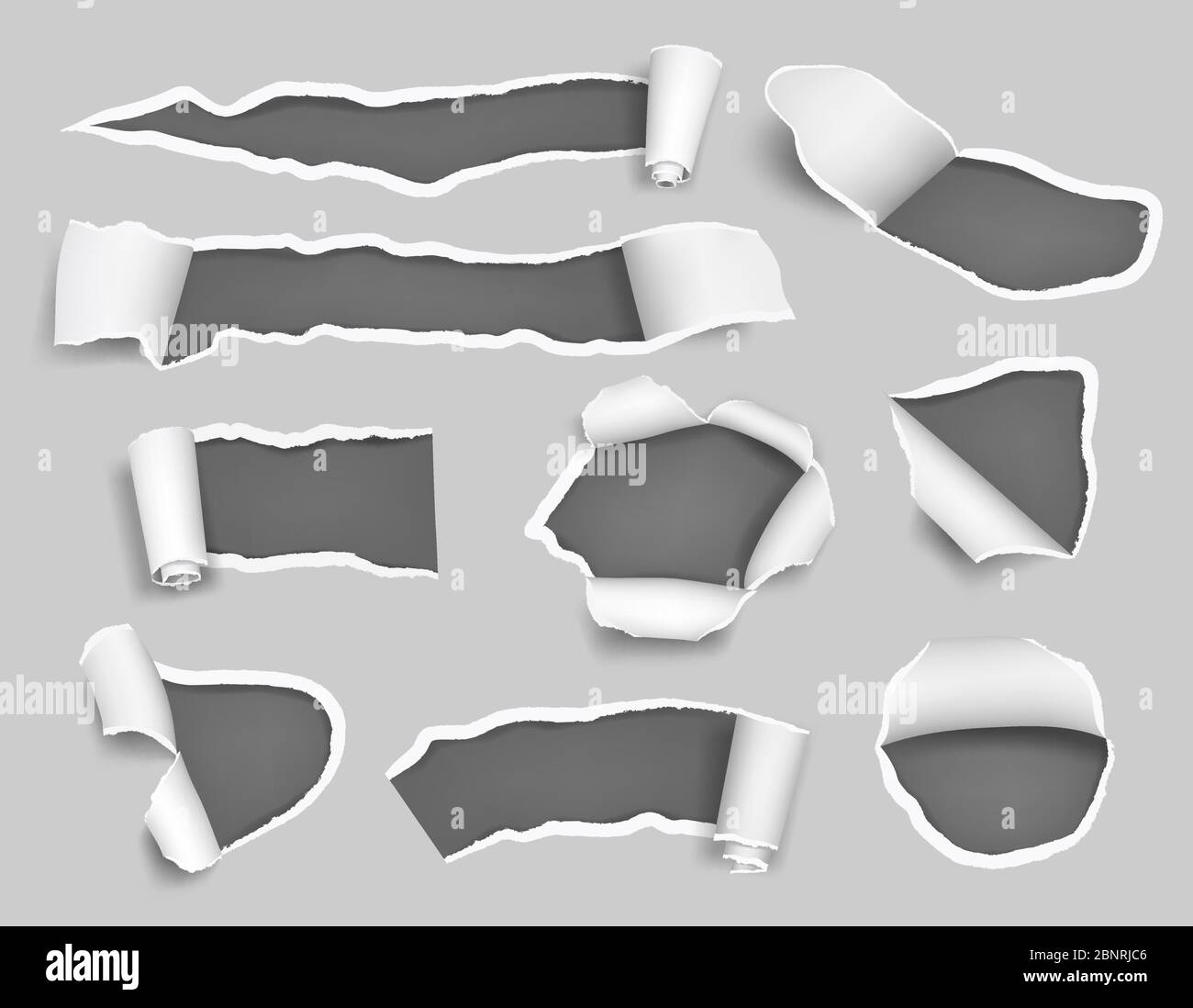 Weißes Papier gerissen. Leere leere leere Seiten Löcher Handwerk zerrissene Kugel zerfellten Vektor 3d-Vorlage Stock Vektor