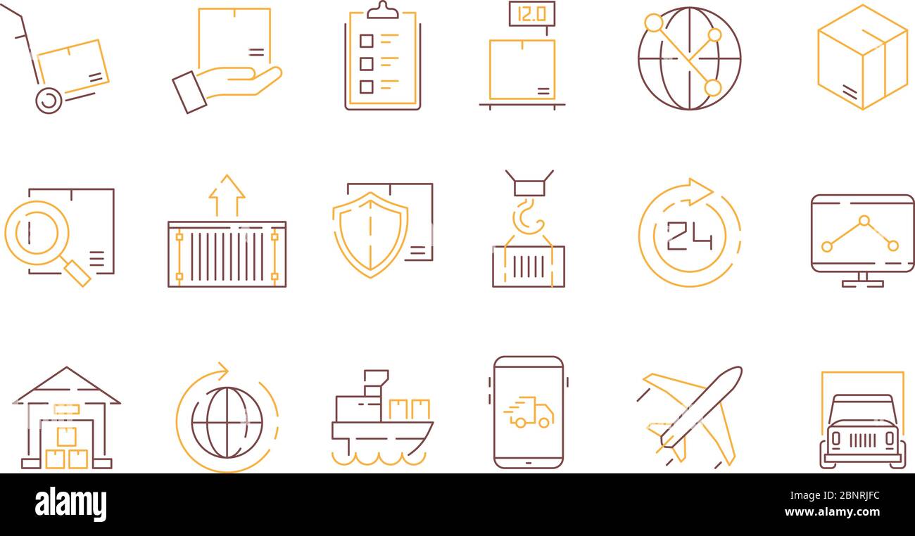 Sammlung von Logistiksymbole. Container Umfrage Delivery Service Export und Import Transport Vektor farbige dünne Symbole Stock Vektor