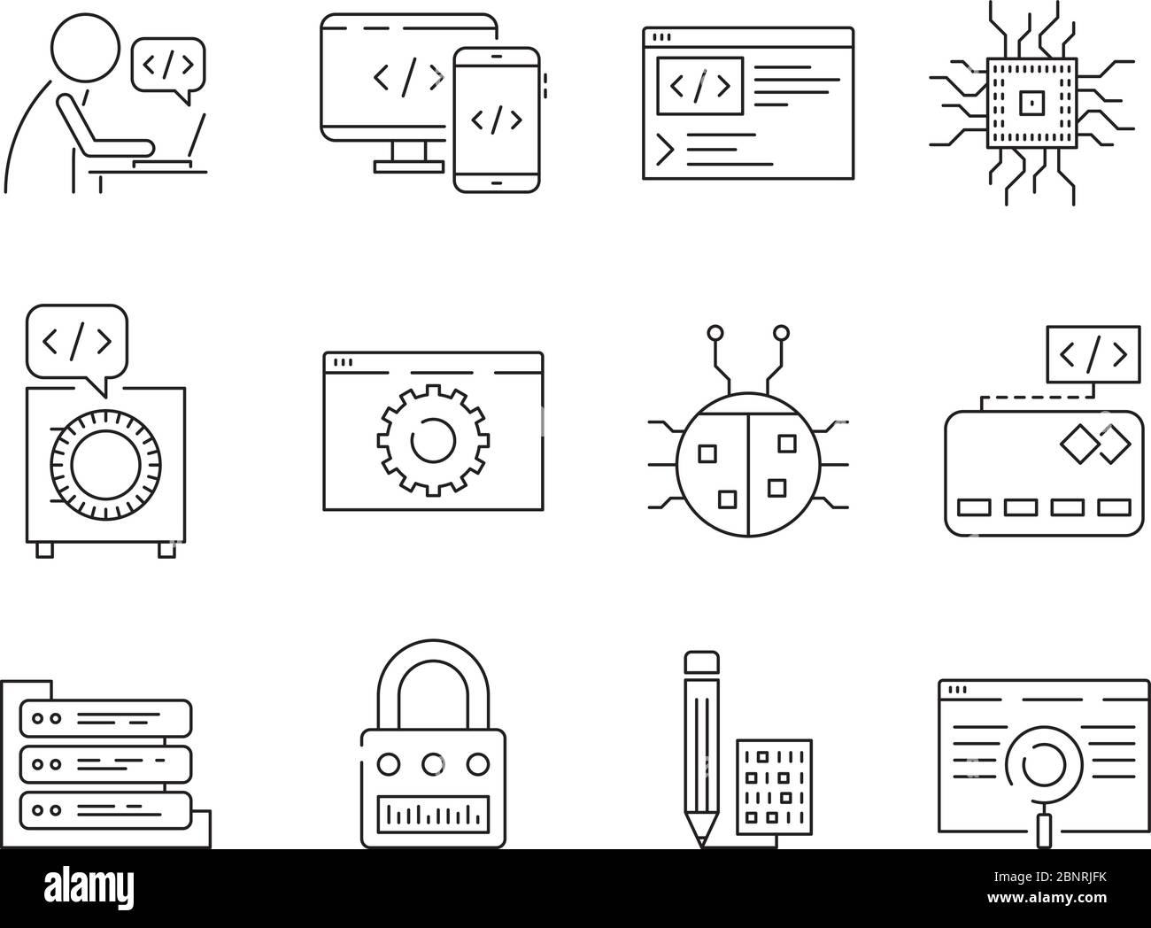 Programmiersymbol. Coder Web-Entwickler-Worker Bug behebt Knoten qa-System Testen Engineering Vektor dünne Linie Symbole Stock Vektor