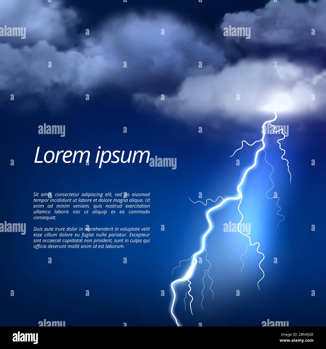 Sturmhintergrund. Gewitter Wetter regnerischen Wolken Nachthimmel mit dramatischen Macht glühen Blitzschlag Vektor realistisches Bild Stock Vektor