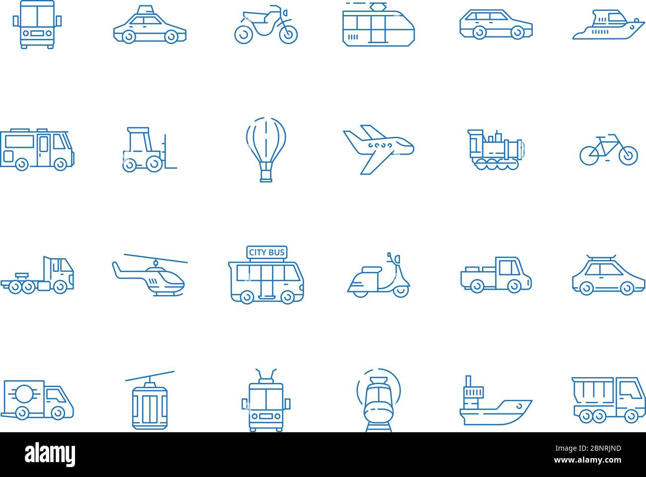 Symbole für städtische Fahrzeuge. Stadt Transport Flugzeuge Boot Autos Boote LKW Vektor dünne Linie Bilder gesetzt Stock Vektor