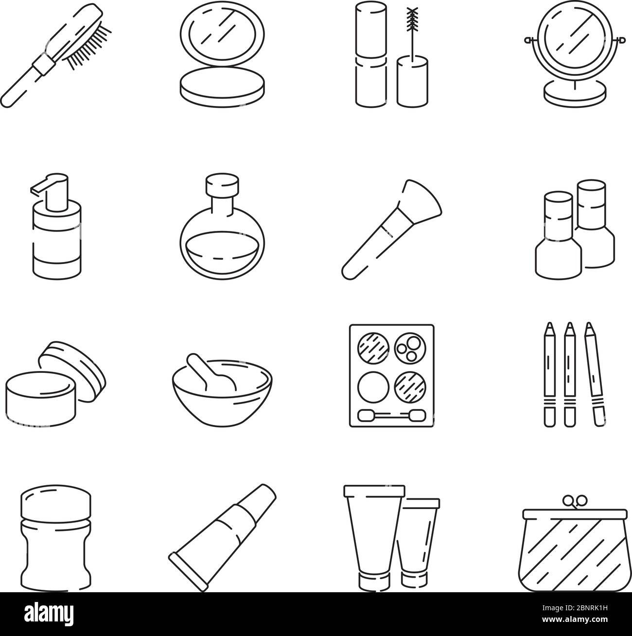 Makeup-Symbole. Frau Schönheit Kosmetik Lotion Creme Gel Nägel Lippenstift Vektor dünne Linie Symbole Stock Vektor