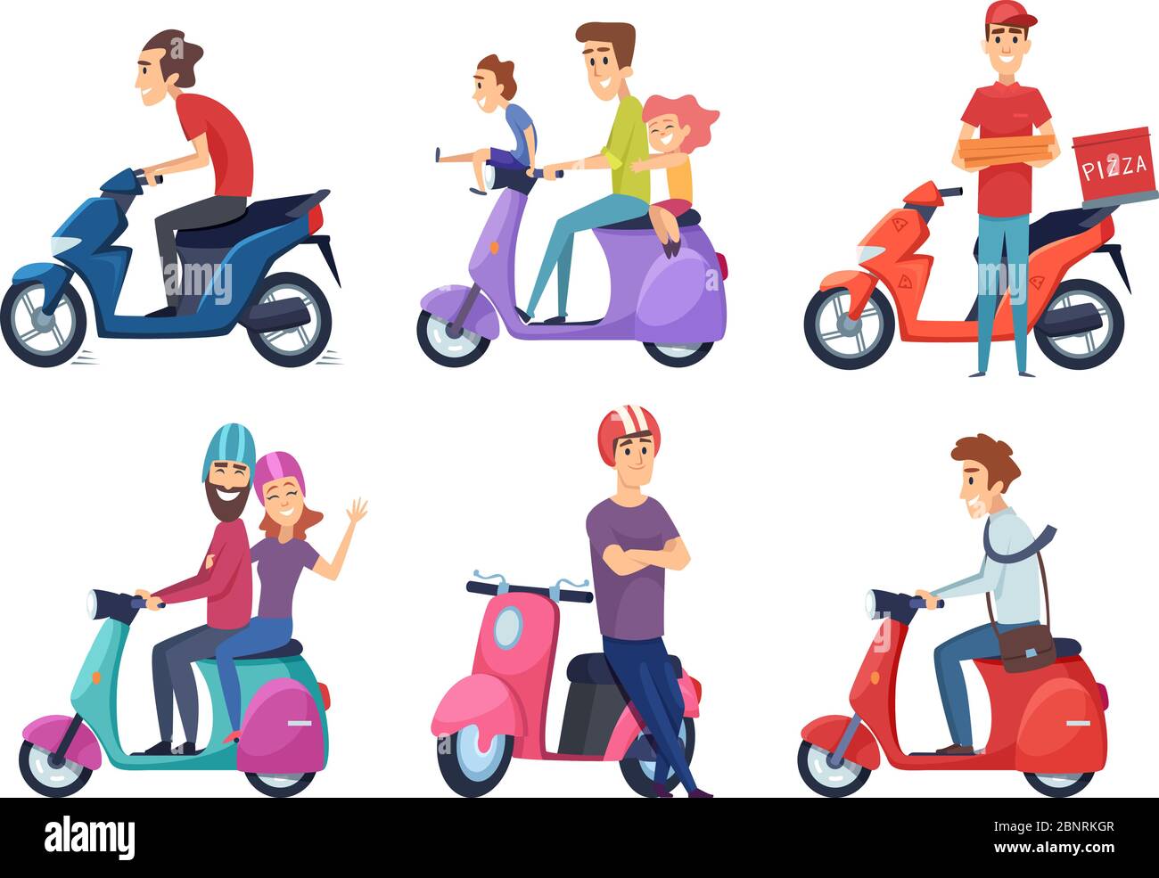 Mann fährt Motorrad. Schnelle Fahrrad Roller für die Lieferung Pizza oder Lebensmittel Reisende paar fahren Moped Vektor-Bilder Stock Vektor