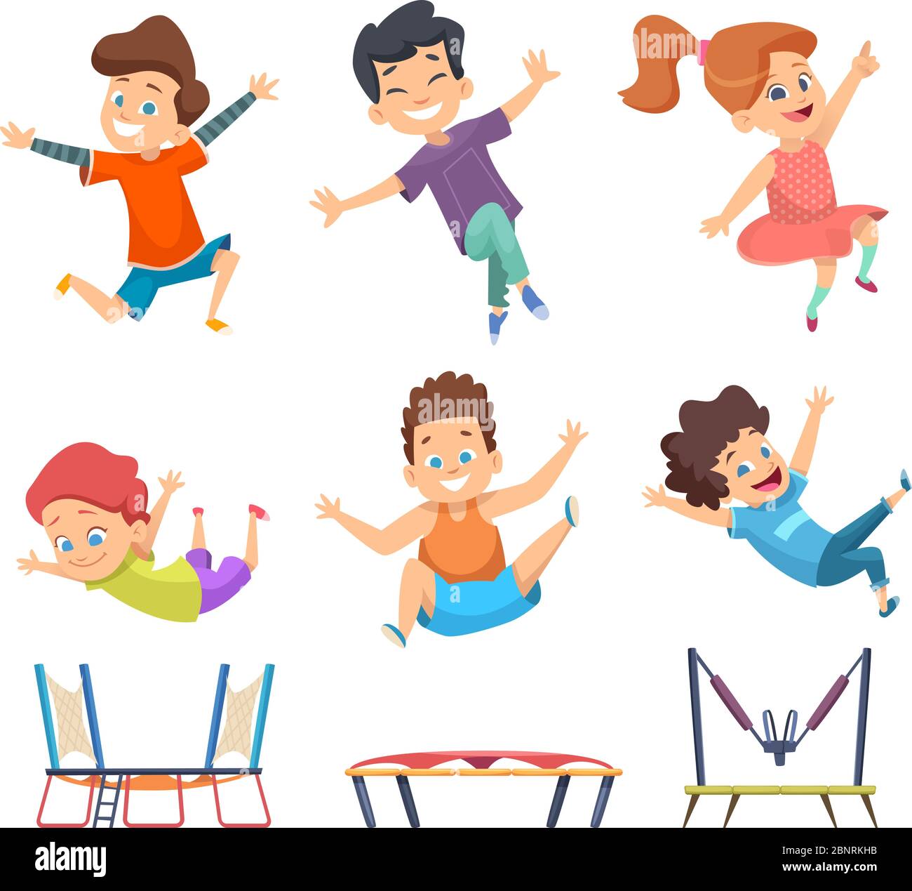 Trampolin für Kinder. Spielplatz Kinder aktiv springen Spiele Vektor-Figuren im Cartoon-Stil Stock Vektor