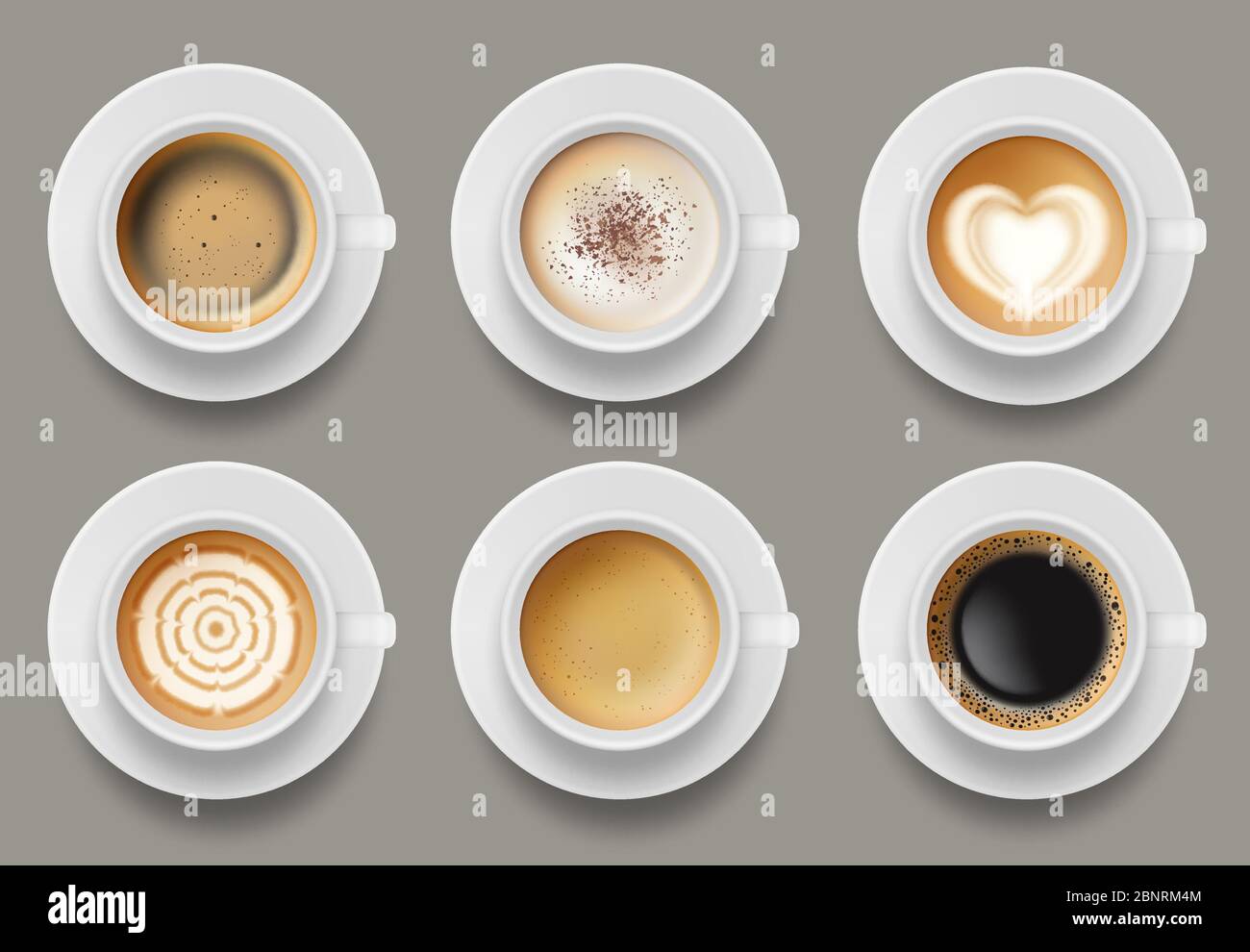 Kaffeebecher, Draufsicht. Cappuccino Espresso Latte Milch braun Kaffee Vektor realistische Vorlage Stock Vektor