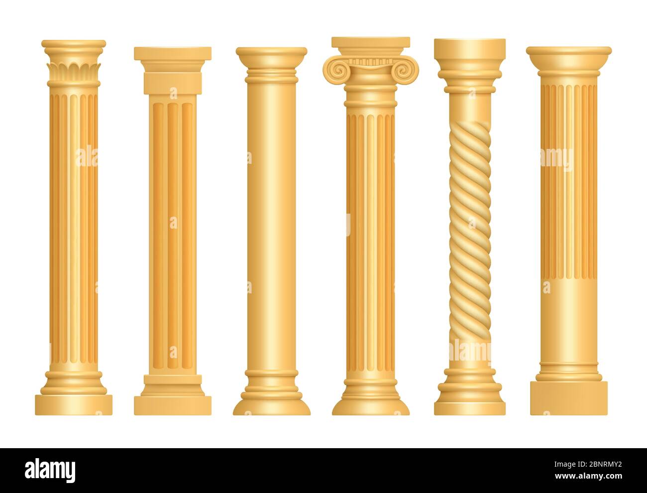Goldene antike Säule. Klassische römische Säulen architektonische Kunst Skulptur Sockel Vektor realistisch Stock Vektor