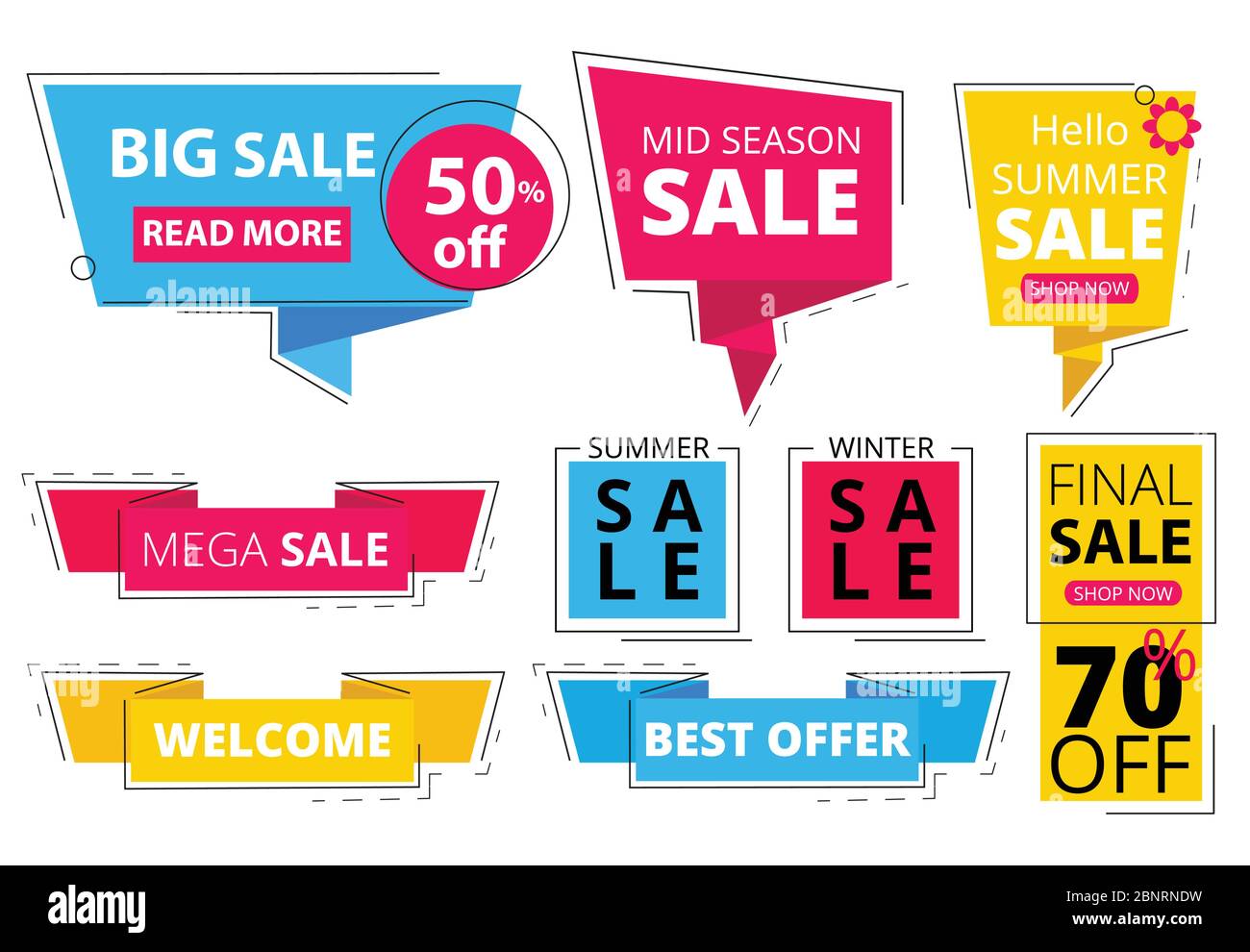 Trendige flache Banner. Angebote Werbung Rabatt Tags Promo Etiketten Aufkleber Grafik Vektor farbige Formen Stock Vektor