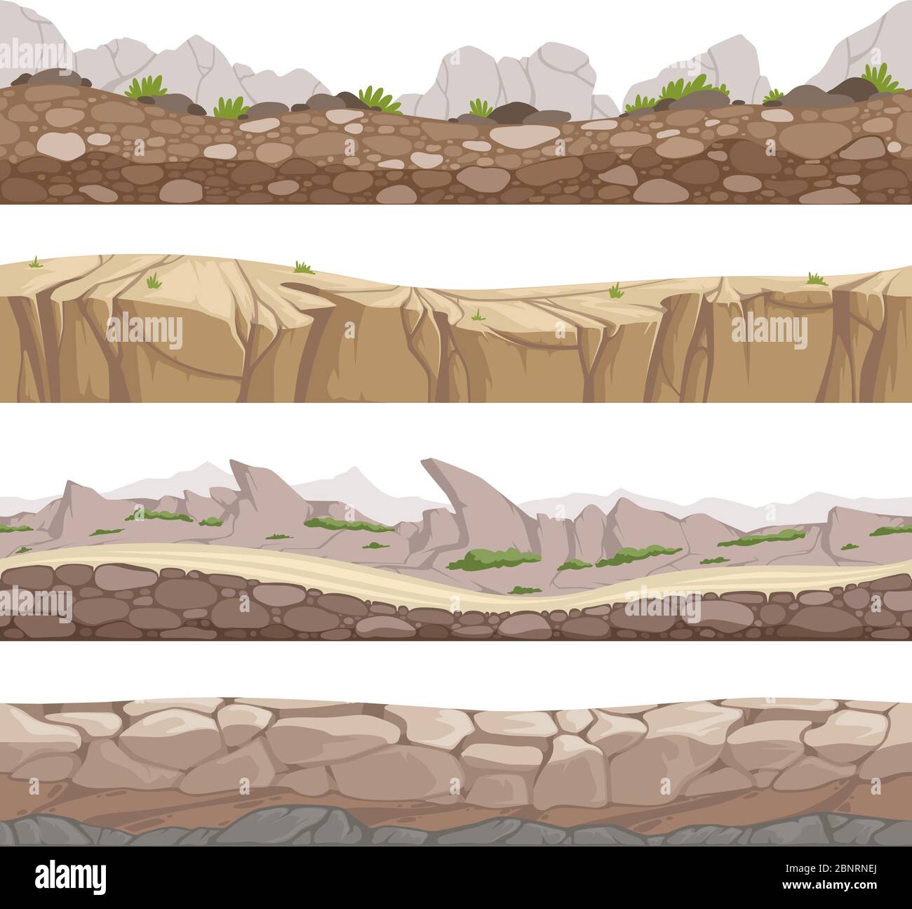 Steinstraße nahtlos. Rocky Spiel Hintergründe mit verschiedenen Arten von Steinen Vektor Cartoon Sammlung Stock Vektor