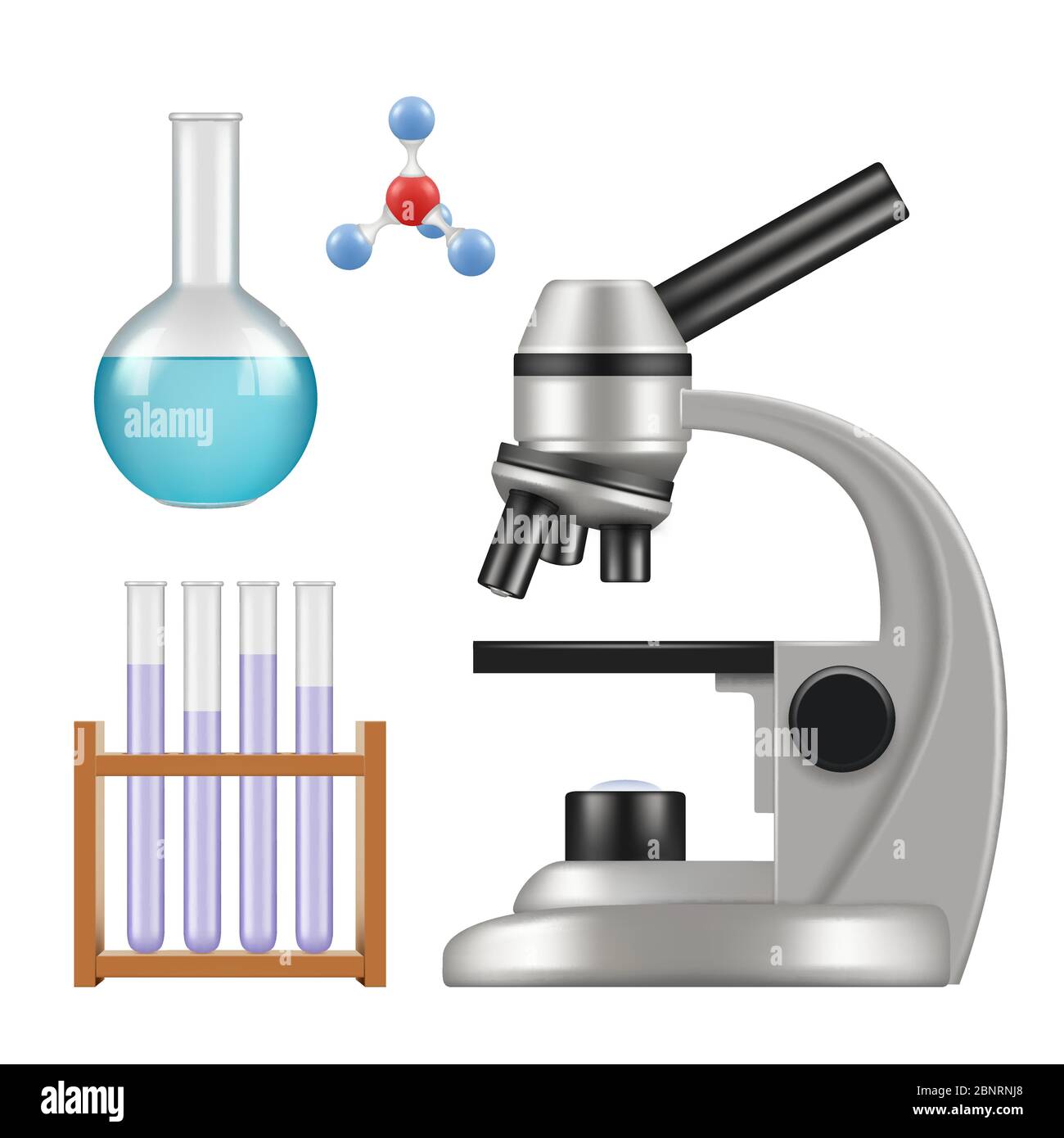 Wissenschaftliche Ausrüstung. Mikroskop wissenschaftliche chemische Laborartikel Glaszylinder und Röhrchen Becher Pipette Vektor realistisch Stock Vektor