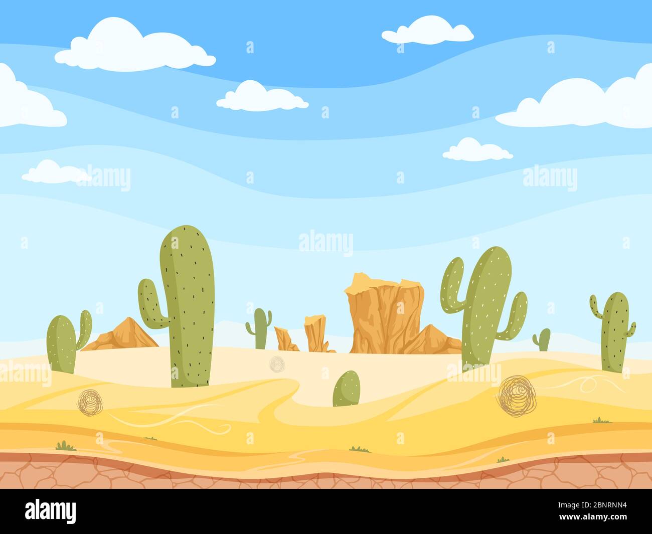 Desert nahtlosen Hintergrund. Wild West Spiel im Freien westlichen Canyon Landschaft mit Steinen Felsen Sand Kakteen Vektor Cartoon Illustration Stock Vektor