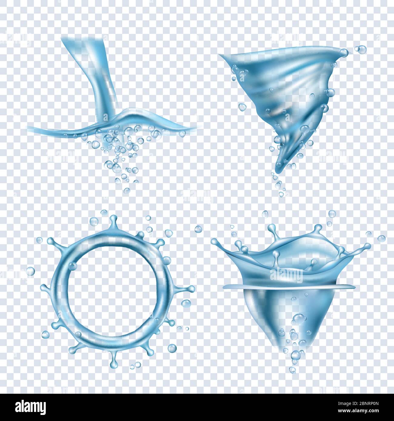 Wasserspritzer. Regen Tropfen Flüssigkeit Flüssigkeiten Objekt transparent Blobs dynamische Wasser Whirlpool Vektor realistische Bilder Stock Vektor