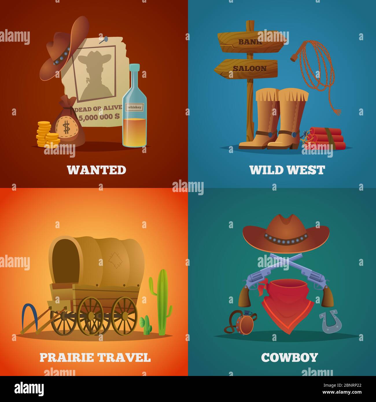 Wild West Kollektionen. WESTERN Cowboys Pferd Lasso Salon und Waffen Vektor-Symbole Stock Vektor