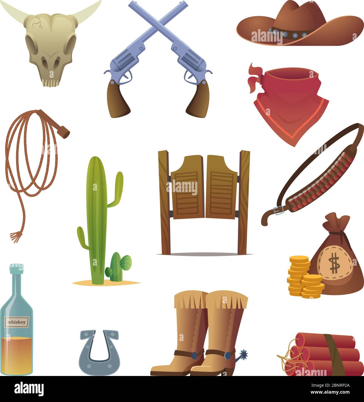 Symbol für Wilden Westen. Cowboys Land westlichen Symbolen Saloon Stiefel Rodeo Lasso Vektor Cartoon Sammlung Stock Vektor