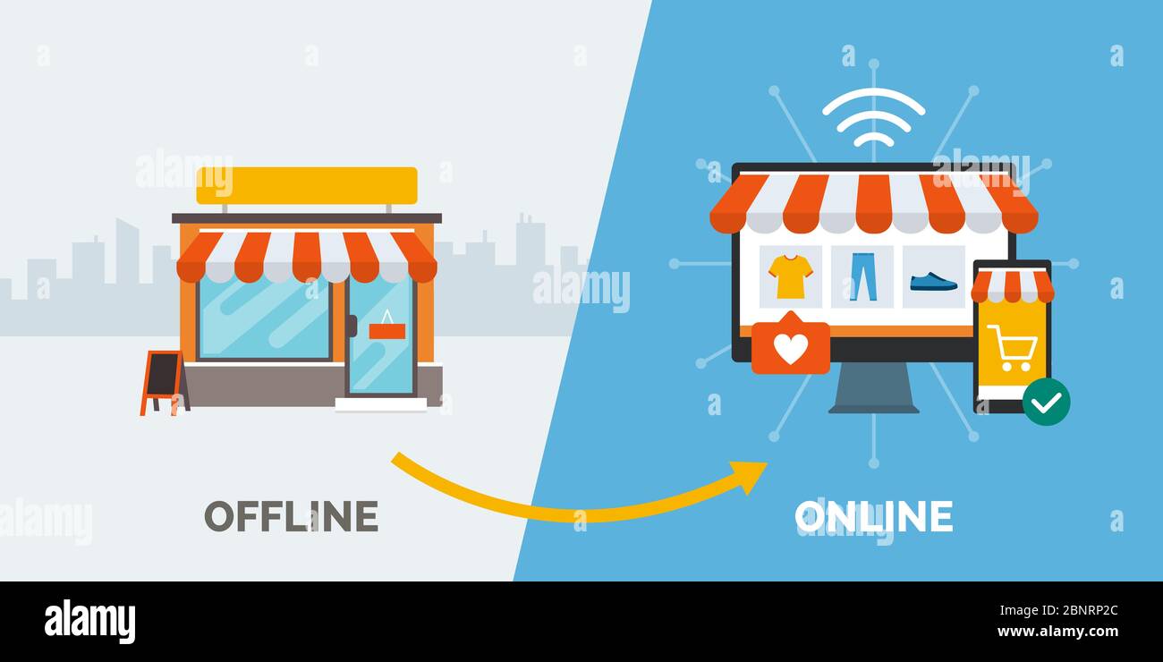 Retail offline zu Online: Verwandeln Sie Ihren Shop in einen erfolgreichen Online-Handel, der auf Computer und Smartphone zugänglich ist Stock Vektor