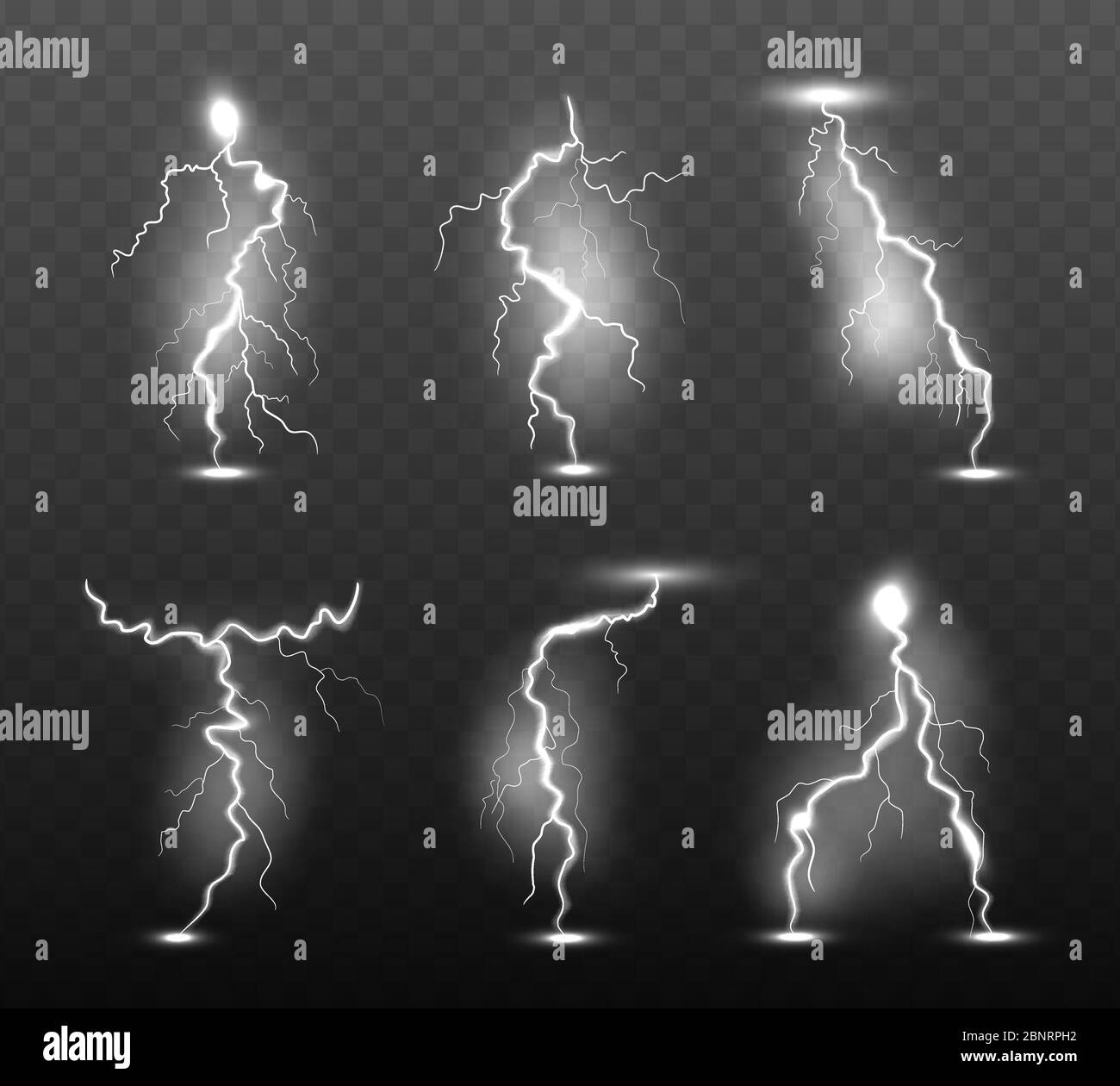 Nachtblitze. Glühen stürmischen Wetter Licht Effekte Macht Energie Strom Donner Regen Streik in Himmel Vektor realistische Sammlung Stock Vektor