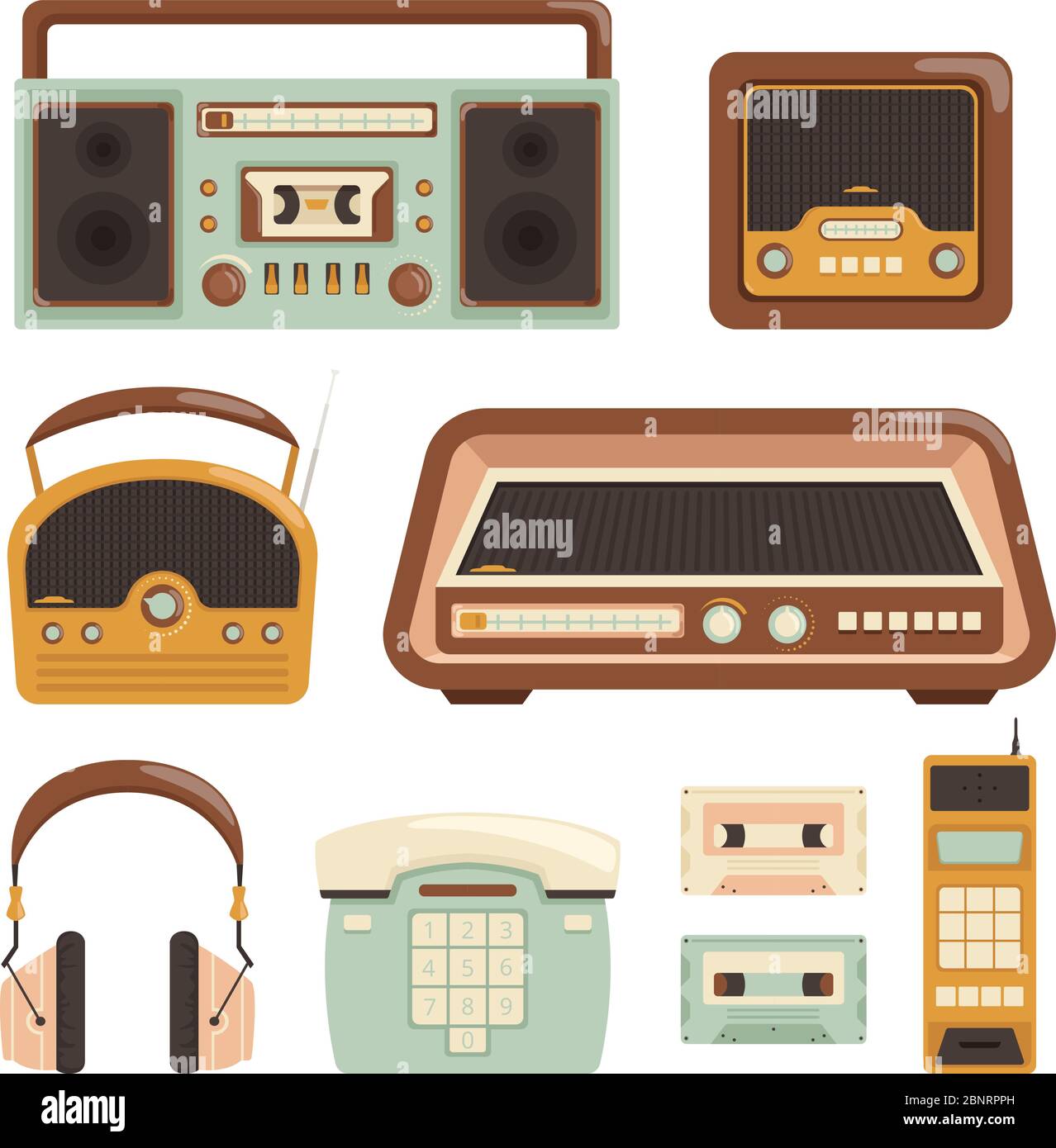 Retro-Radio. Elektronische Technologie 80er Jahre Telefon Foto Kamera Medien Artikel Vektor Illustrationen Stock Vektor