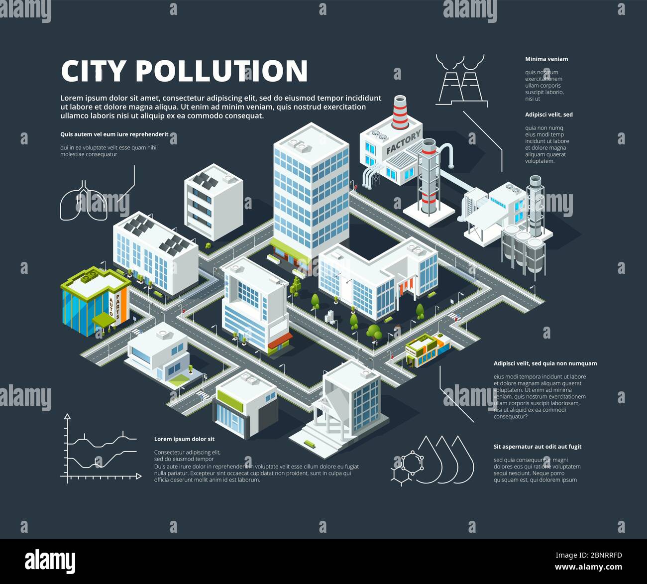 Infografik für Städte. Business-Konzept Menschen Bevölkerung Megapolis Transport Gebäude Straße isometrische Stadtplan Vektor Infografik Stock Vektor