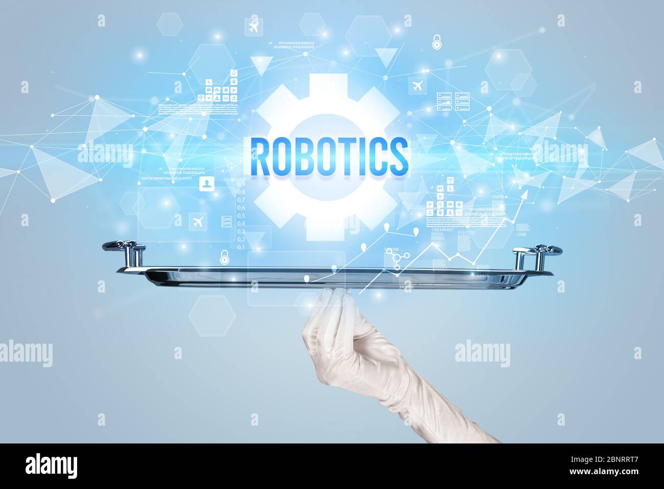 Kellner bedient neues Technologiekonzept mit ROBOTIKBESCHRIFTUNG Stockfoto