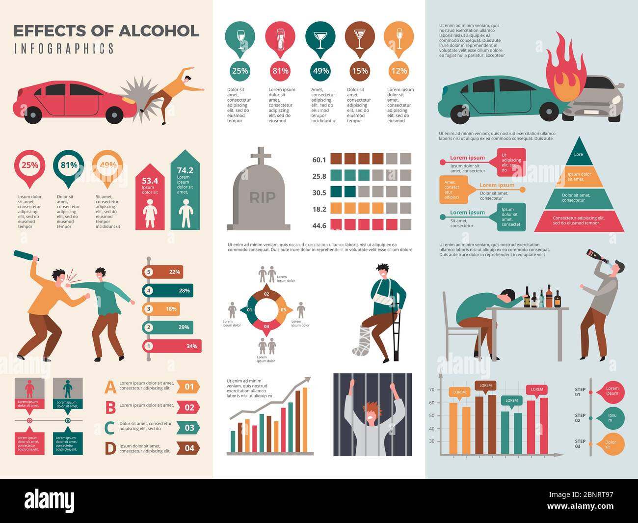 Alkoholismus Infografiken. Gefährliche betrunkene Fahrer alkoholische Gesundheit Vektor-Vorlage mit Grafiken und Diagramme Stock Vektor