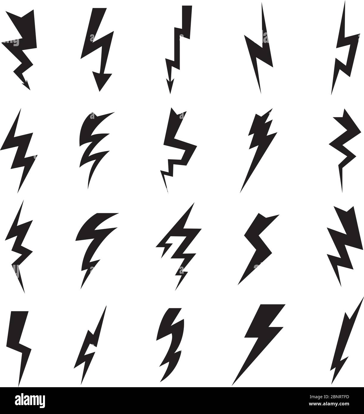 Thunderbolt Kollektion. Blitz elektrische Blitzspannung Strom Vektor Symbole isoliert auf weiß Stock Vektor