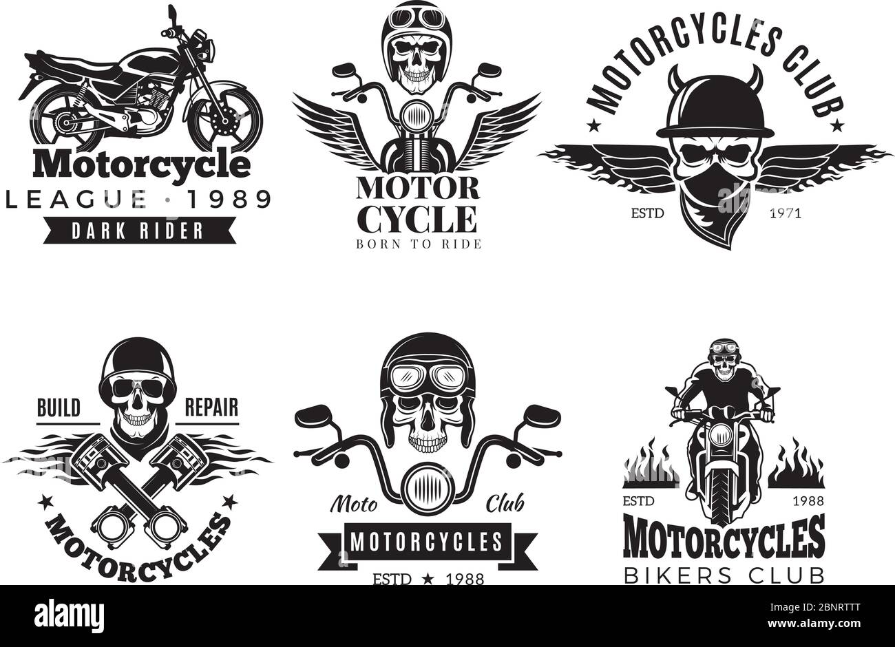Biker-Etiketten. Vintage Custom Motorrad und Symbole für Abzeichen Schädel Fahrrad Fahnen Rad Knochen Motor Feuer Vektor Straße Konzept Stock Vektor