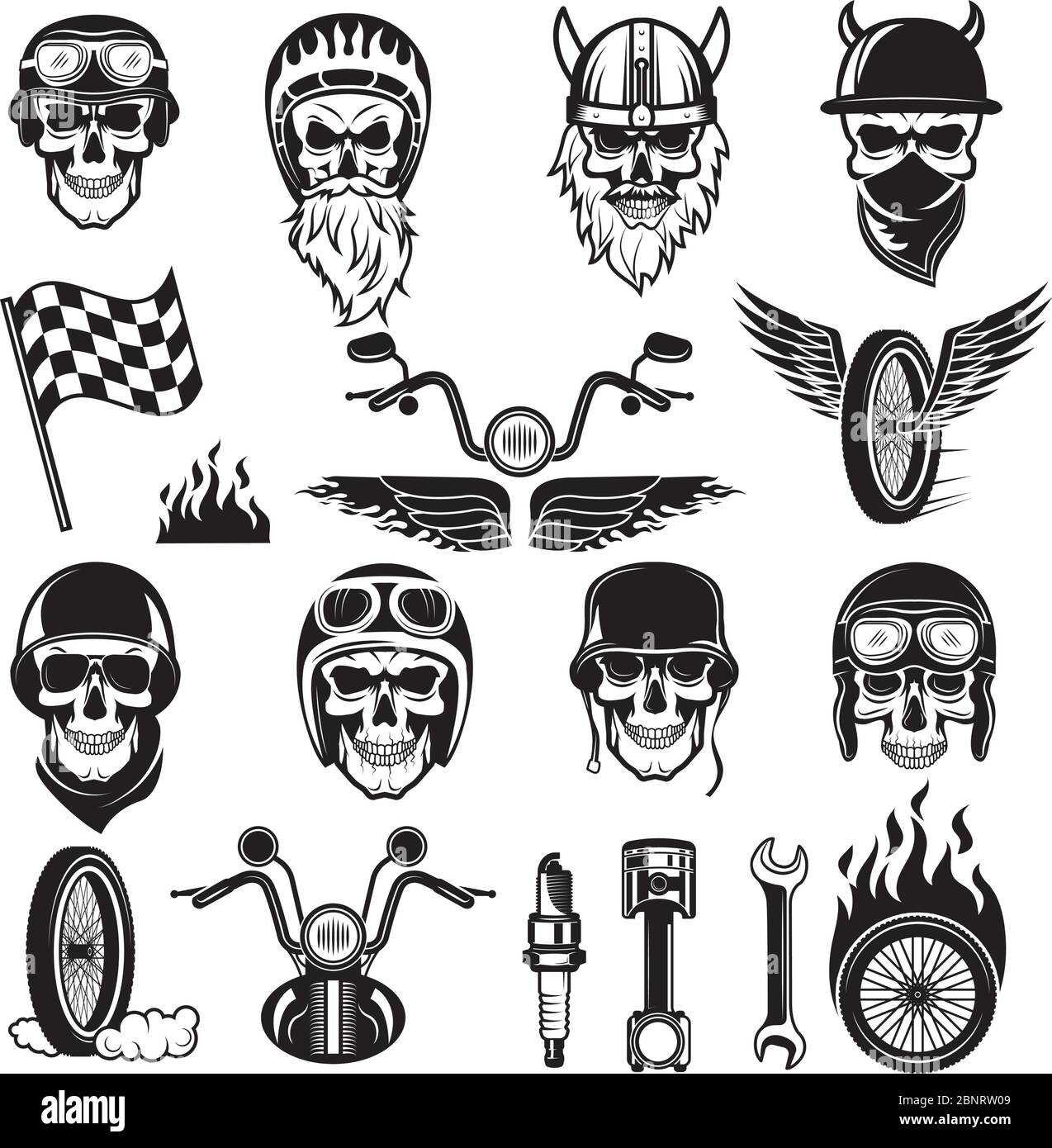 Biker-Symbole. Schädel Fahrrad Fahnen Rad Feuer Knochen Motor Motorrad Vektor Silhouetten Stock Vektor