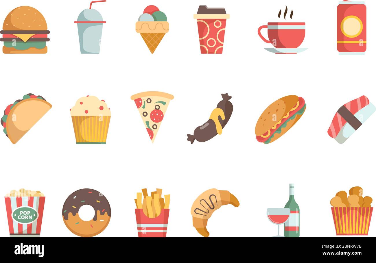 Flache Fast Food-Symbole. Sandwich Burger kalte Getränke Eis Pizza Hamburger Vektor-Lebensmittel-Menü Symbole Stock Vektor