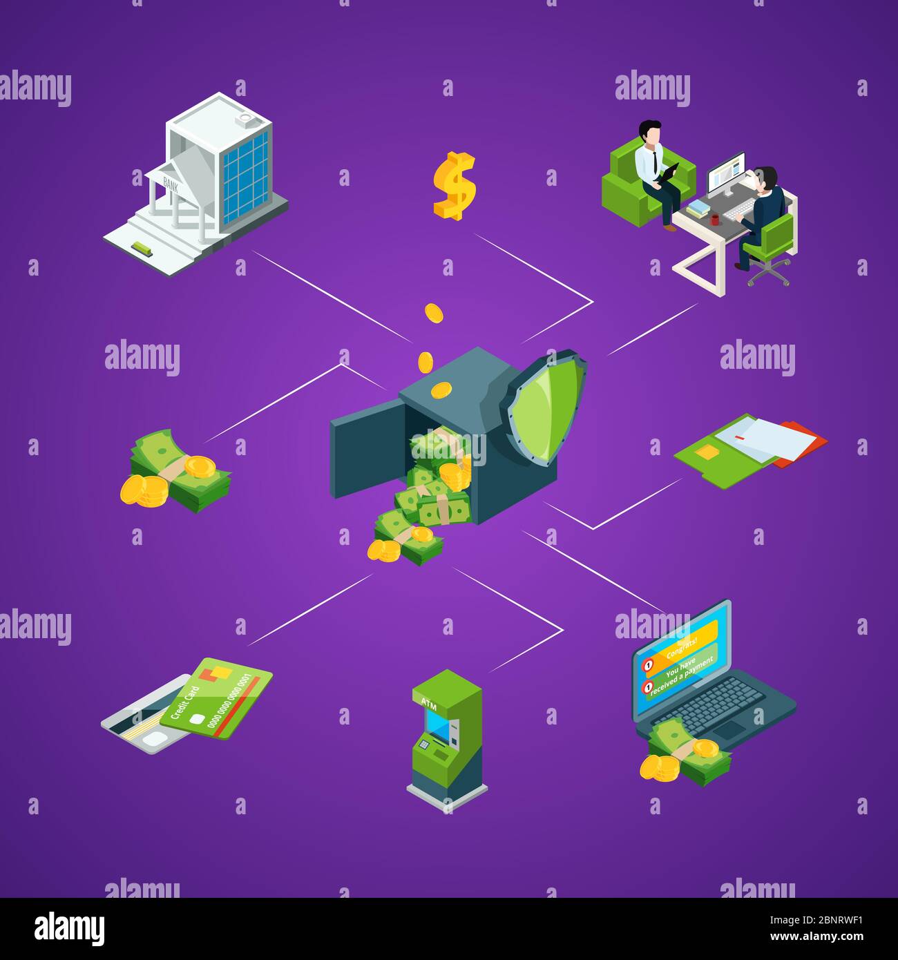 Vektor isometrischen Geldfluss in Bank-Symbole Infografik Konzept Illustration Stock Vektor