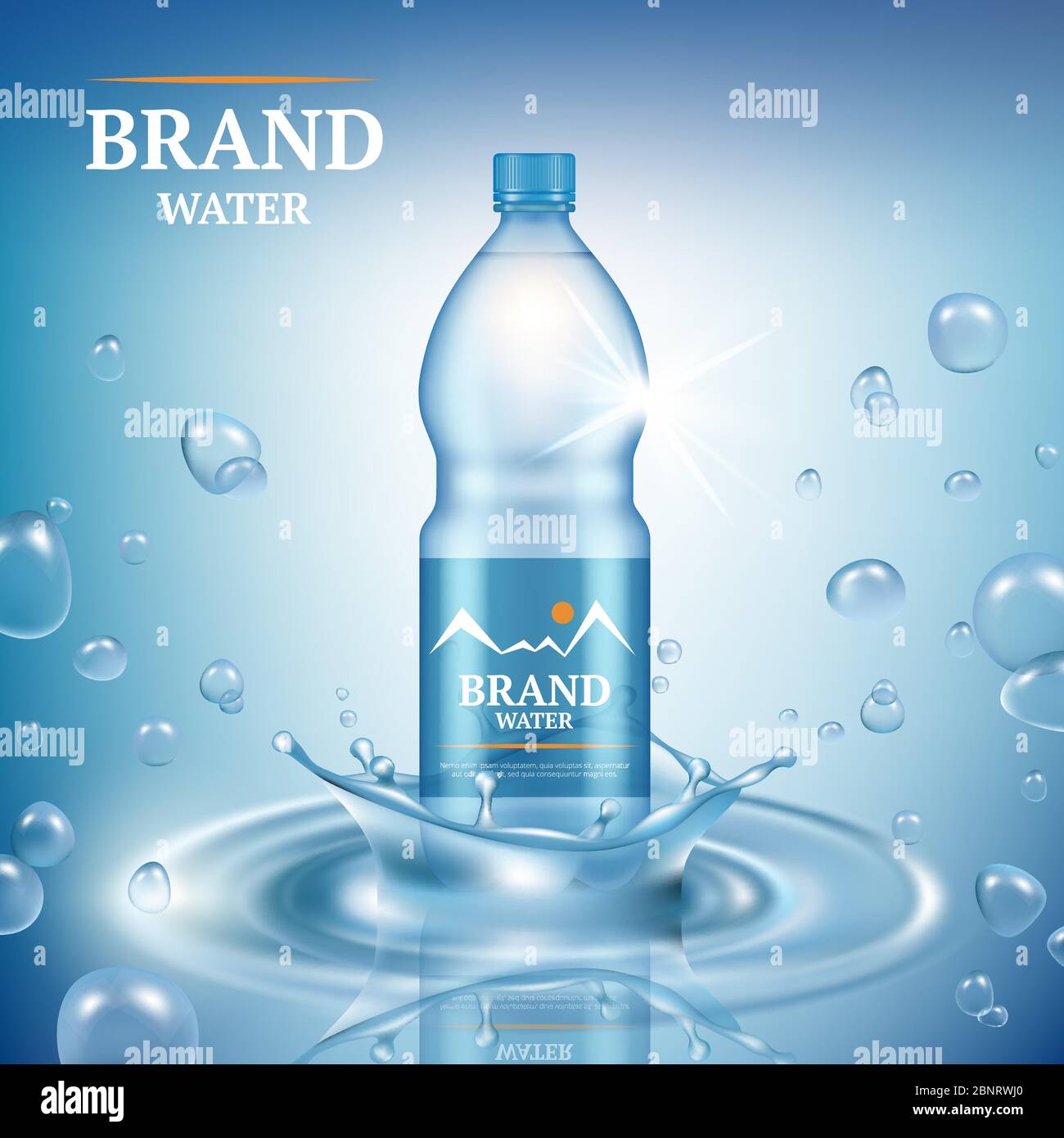 Aqua-Werbung. Natürliche Mineral Flüssigkeit Wasser Tropfen kommerziellen Poster Merchandising Kunststoff-Flasche Spritzer Vektor realistische Vorlage Stock Vektor