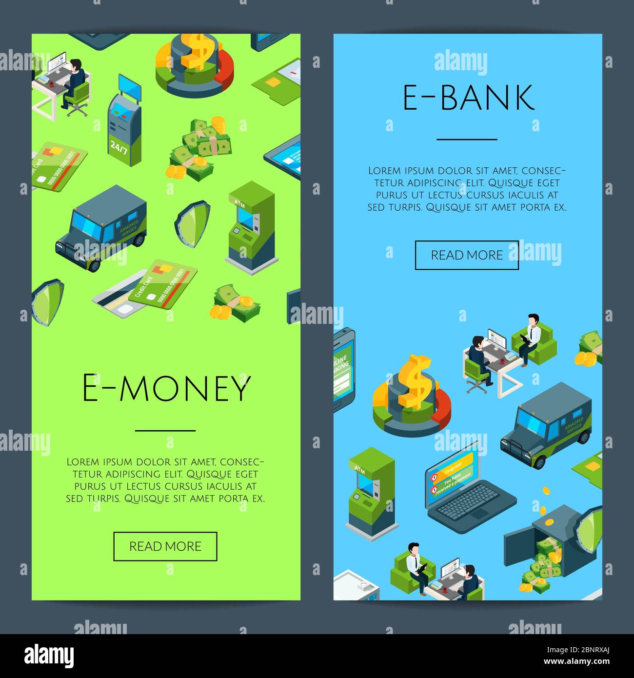 Vektor isometrischer Geldfluss in Bank-Icons Stock Vektor