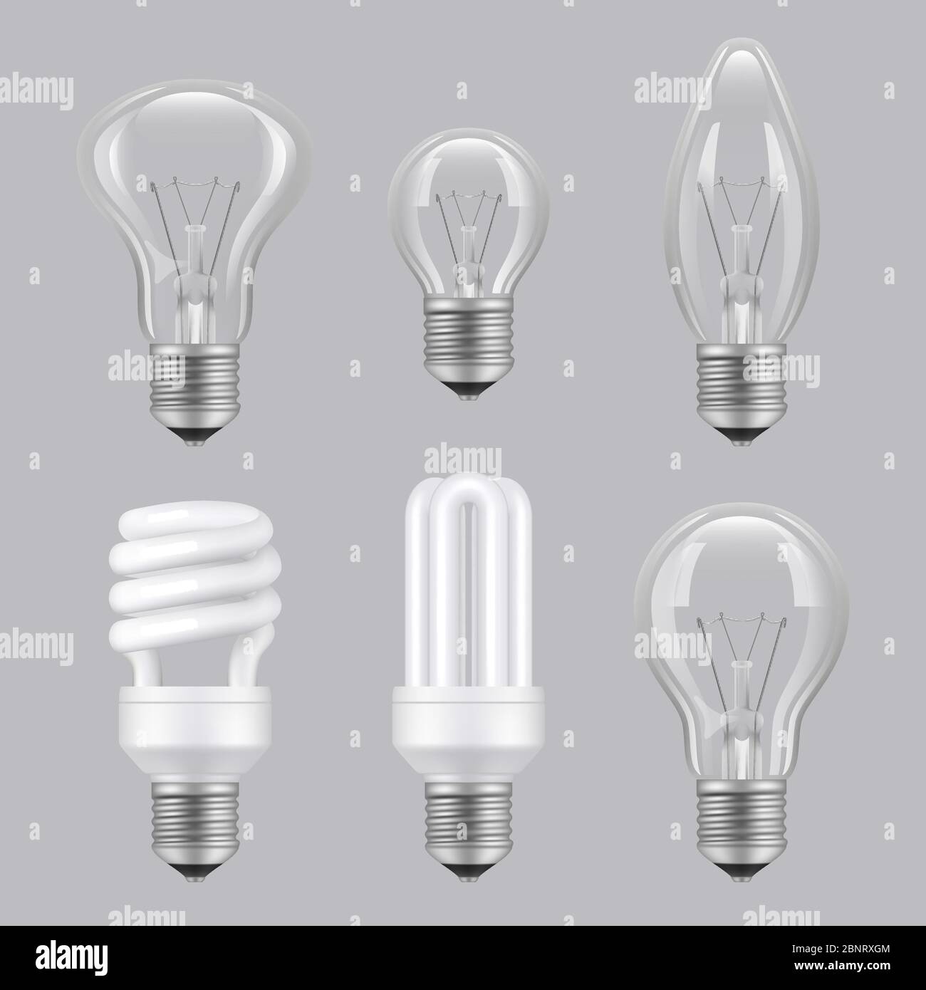 Realistische Lampen. Beleuchtung Elektrizität Glas transparente Lampen Vektor Sammlung Bilder Stock Vektor