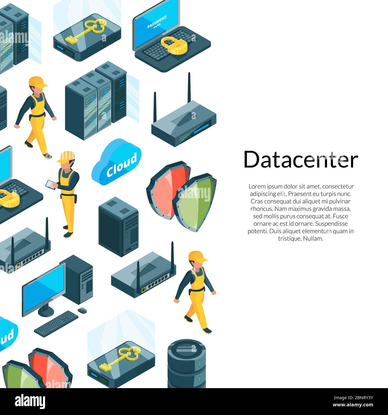 Elektronisches System von Rechenzentrumssymbolen mit Abbildung Stock Vektor