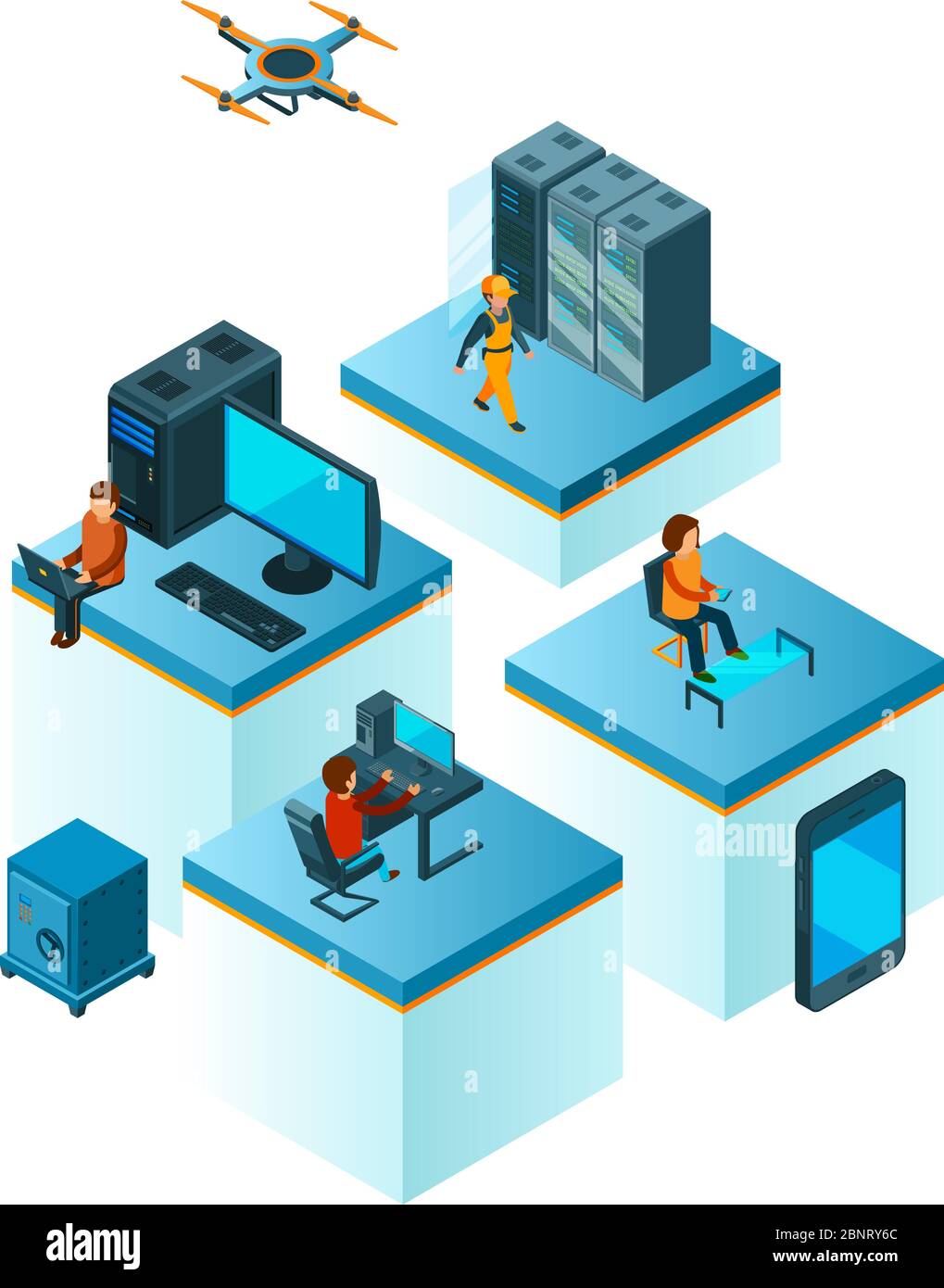 Geschäftsteam isometrisch. Coworking People Manager arbeiten am Laptop Smartphone Cloud Service Team Aufbau Vektor-Business-Konzept Stock Vektor