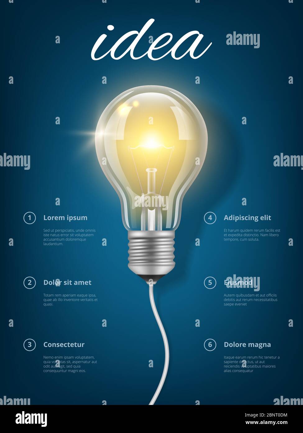 Glühbirne Idee. Kreative Geschäftskonzept mit Bild von Lichtglas transparente Glühbirne Vektor Denken pädagogischen Plakat Stock Vektor