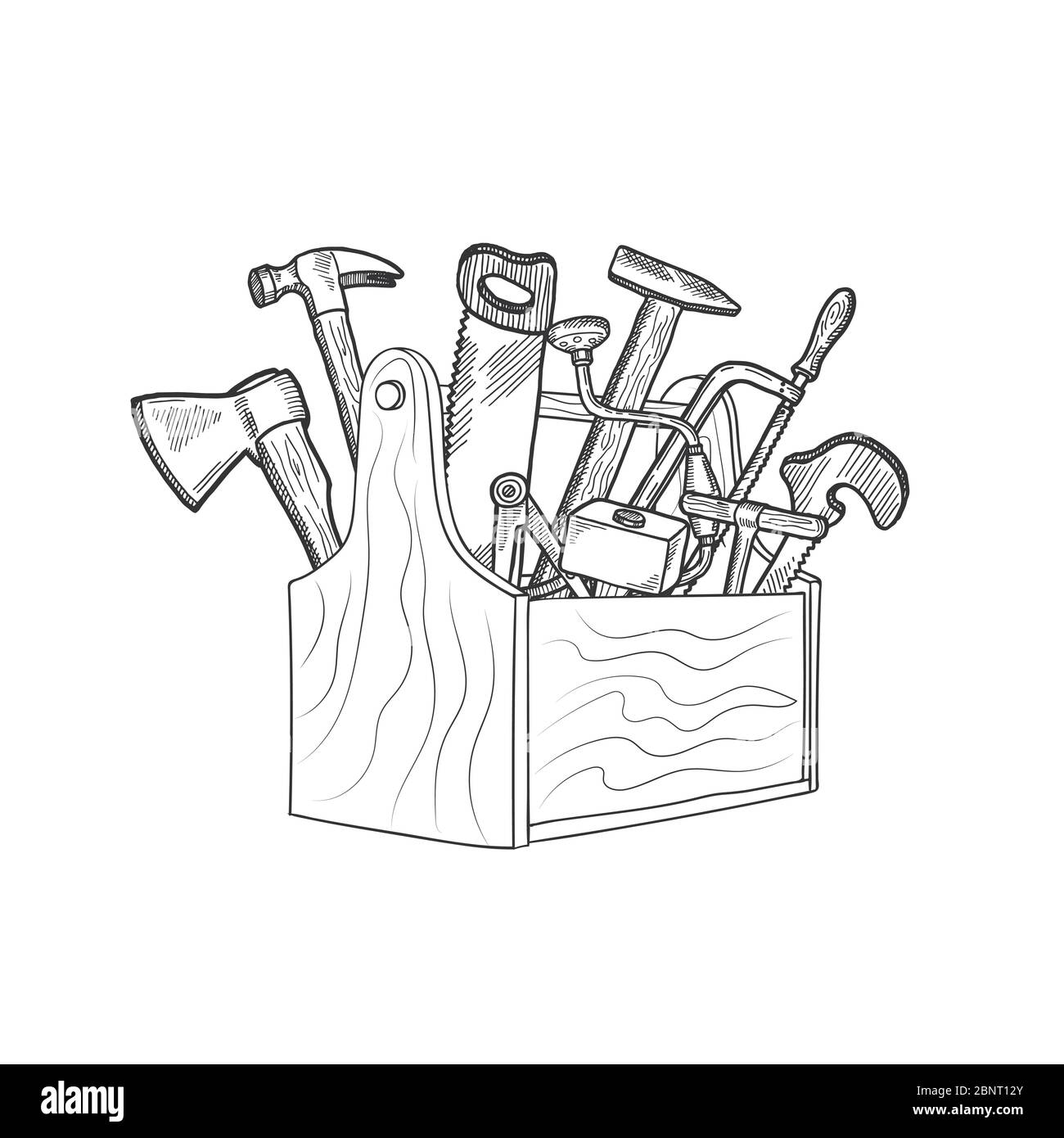 Vektor handgezeichnete Holzbearbeitungsgeräte in Holz Toolbox isolierte Illustration Stock Vektor