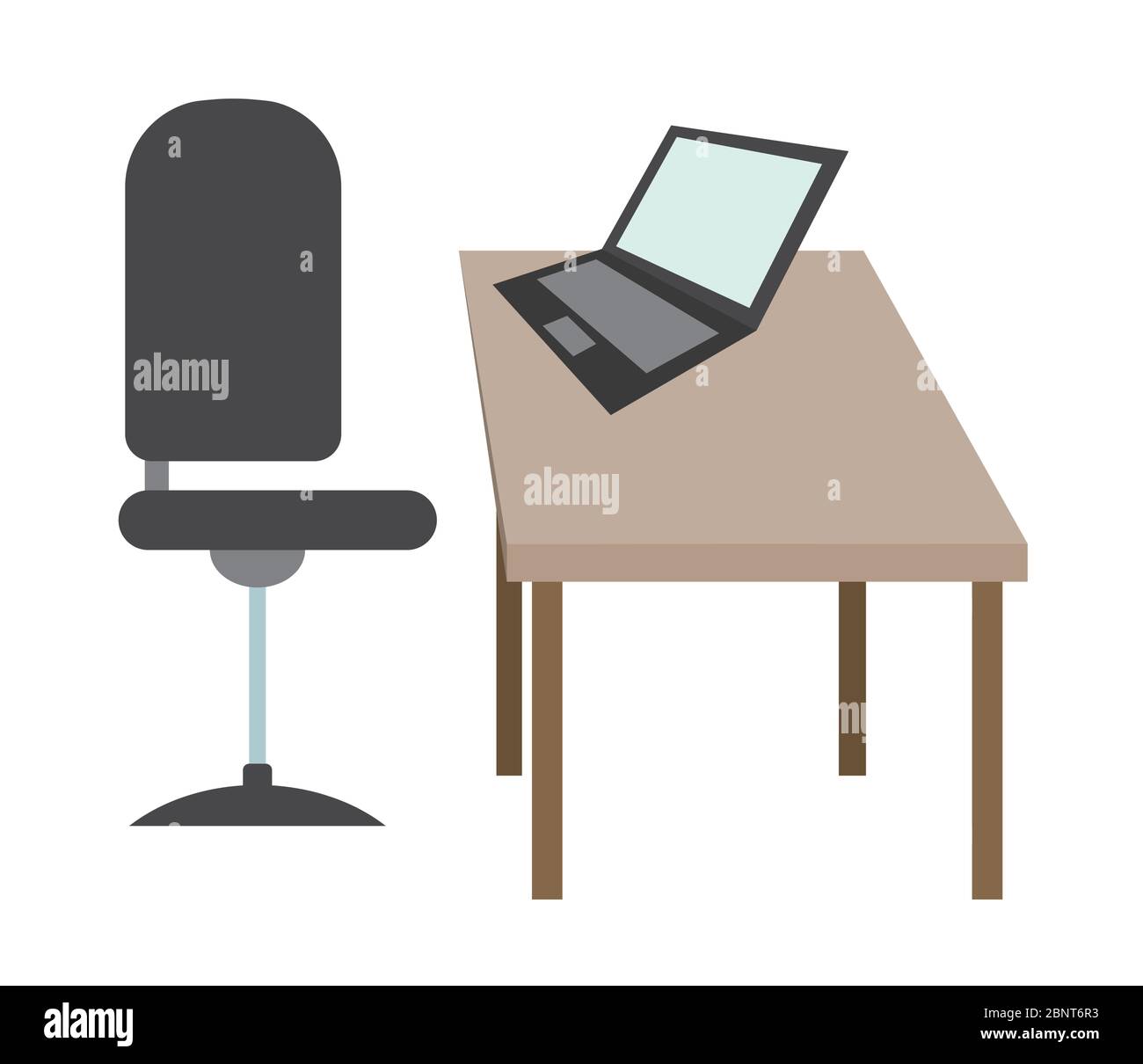 Computerschreibtisch Illustration in flachem Farbstil. Tisch, Computer und Stuhl. Stock Vektor