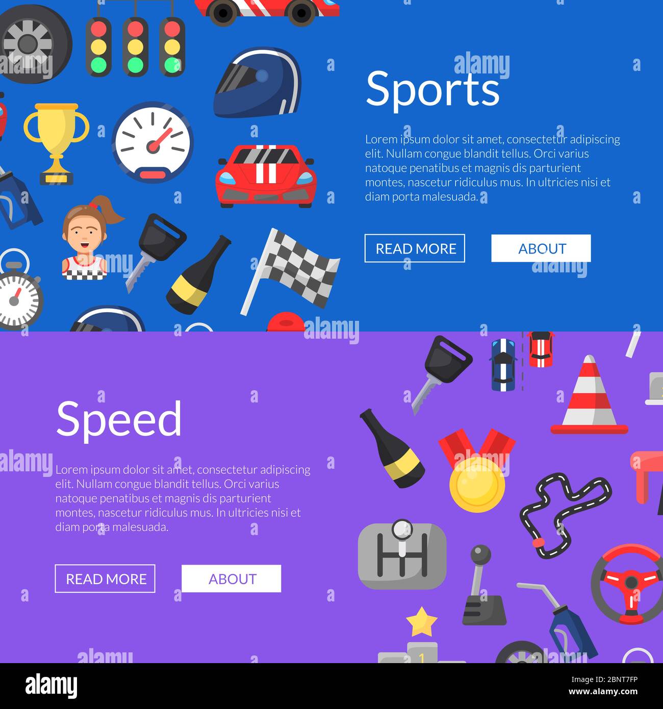 Vektor flaches Auto Rennen Symbole Web-Banner Illustration Stock Vektor