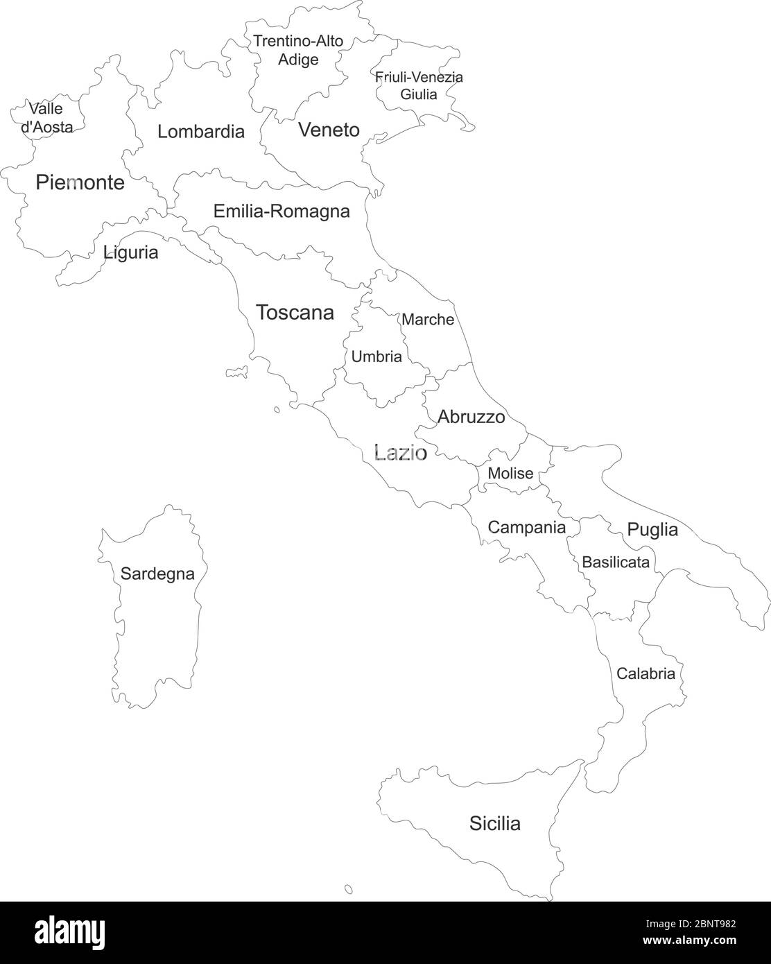 Italien Karte mit Namensschildern. Weißer Hintergrund. Perfekt für Geschäftskonzepte, Hintergründe, Hintergrund, Poster, Aufkleber, Banner, Label, Chart und Tapetenpapier Stock Vektor