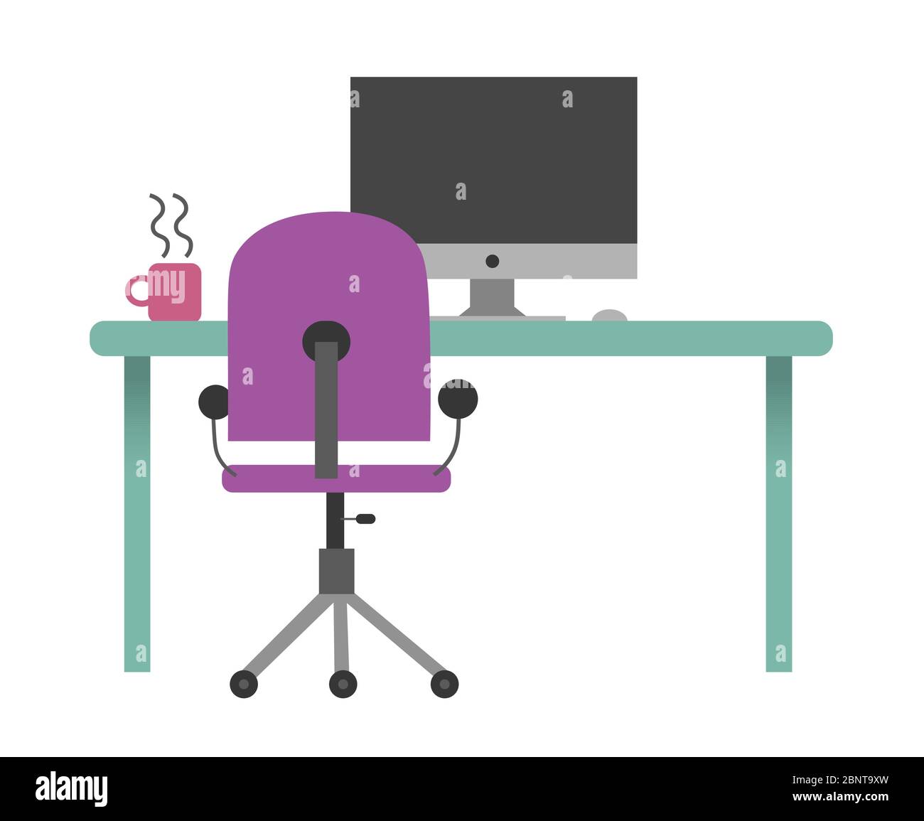 Computerschreibtisch Illustration in flachem Farbstil. Tisch, Computer, Stuhl und Kaffee. Stock Vektor